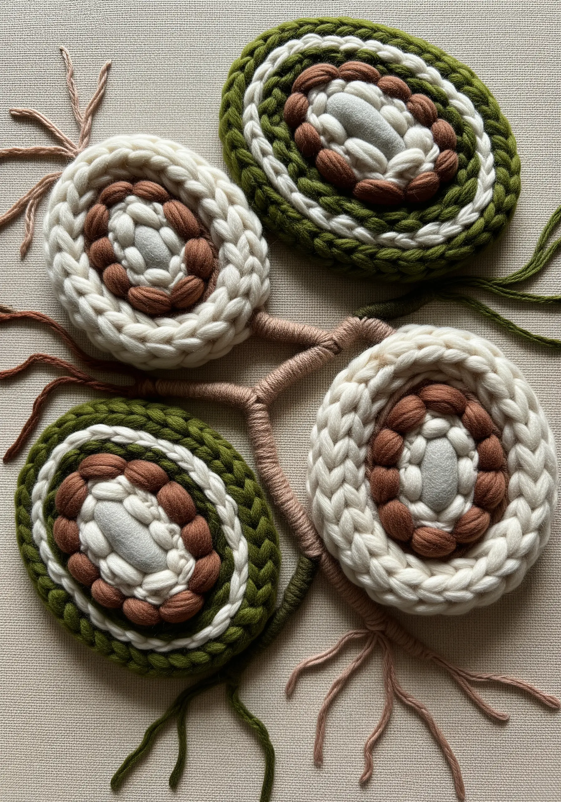 Three-dimensional woven pods made with thick white, brown, and green wool yarn