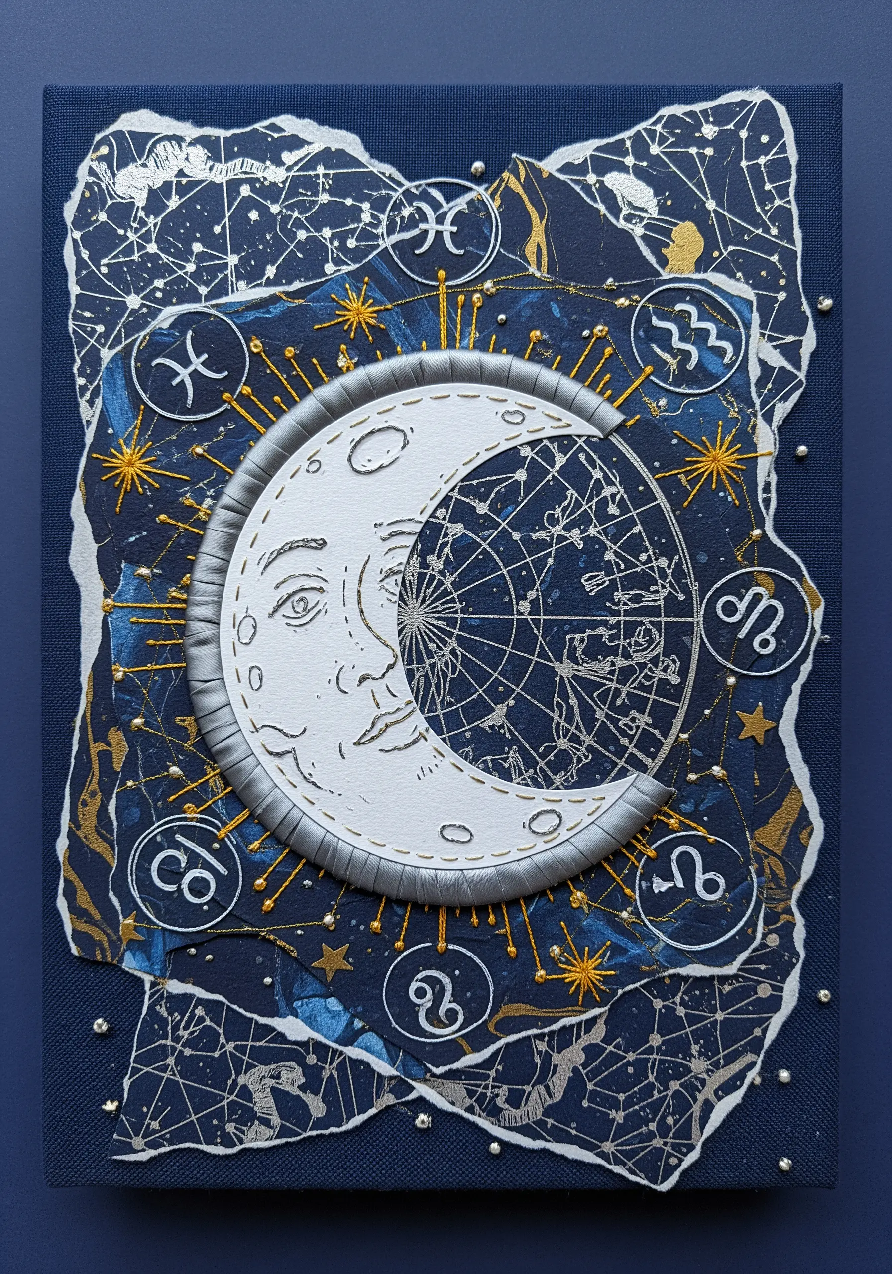 Raised satin stitch outlines a celestial moon collage on dark blue fabric with gold accents