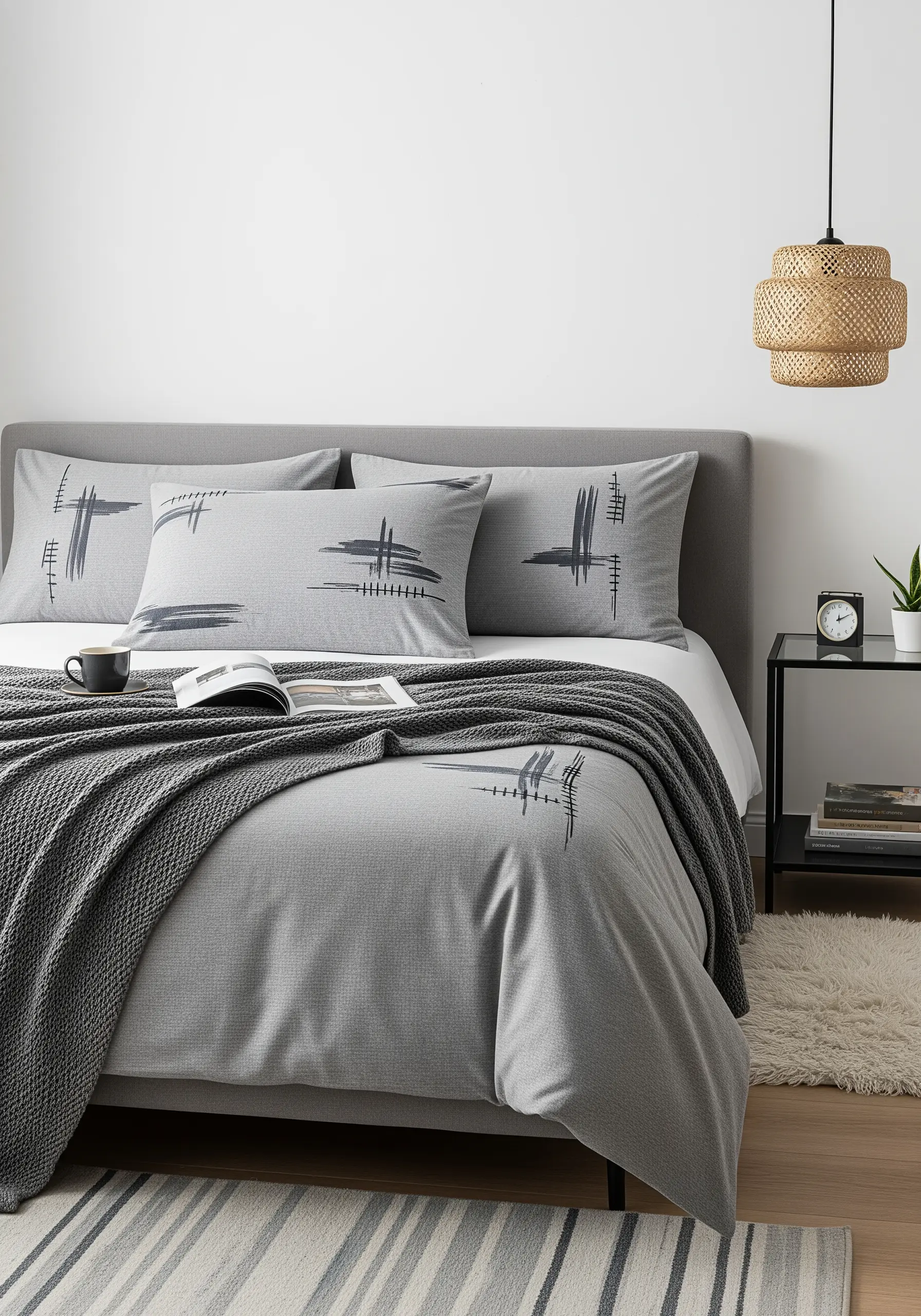 Abstract, brushstroke-like embroidery in shades of gray and black on a textured gray duvet.