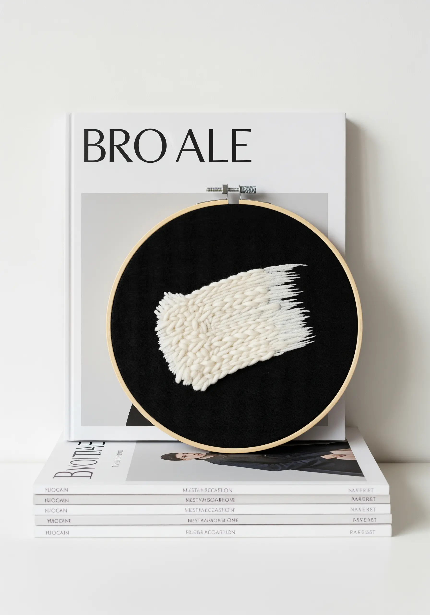A thick, white, textured brushstroke made of yarn on a black fabric hoop.