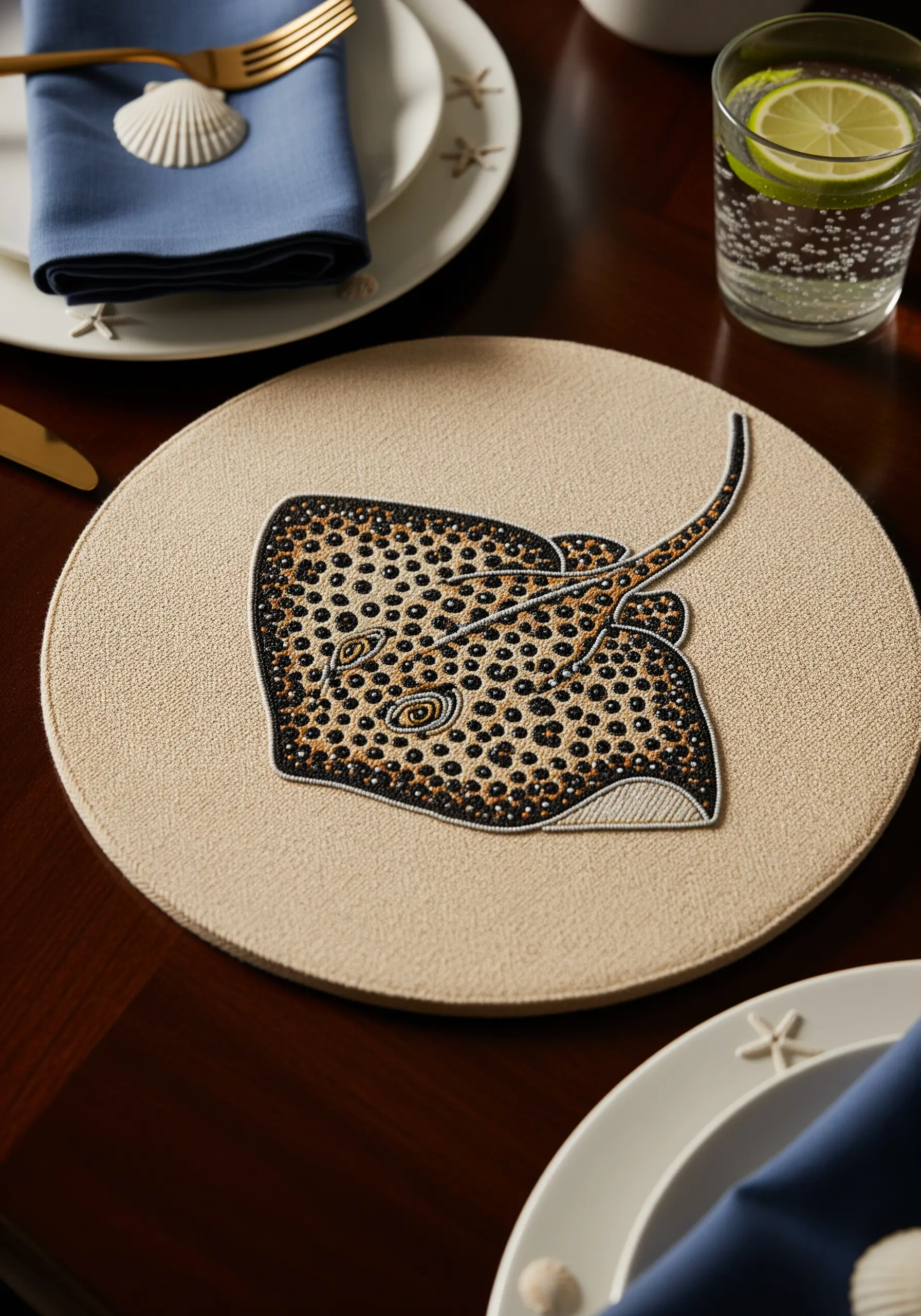 An embroidered stingray with a pattern of black and gold French knots on a placemat.
