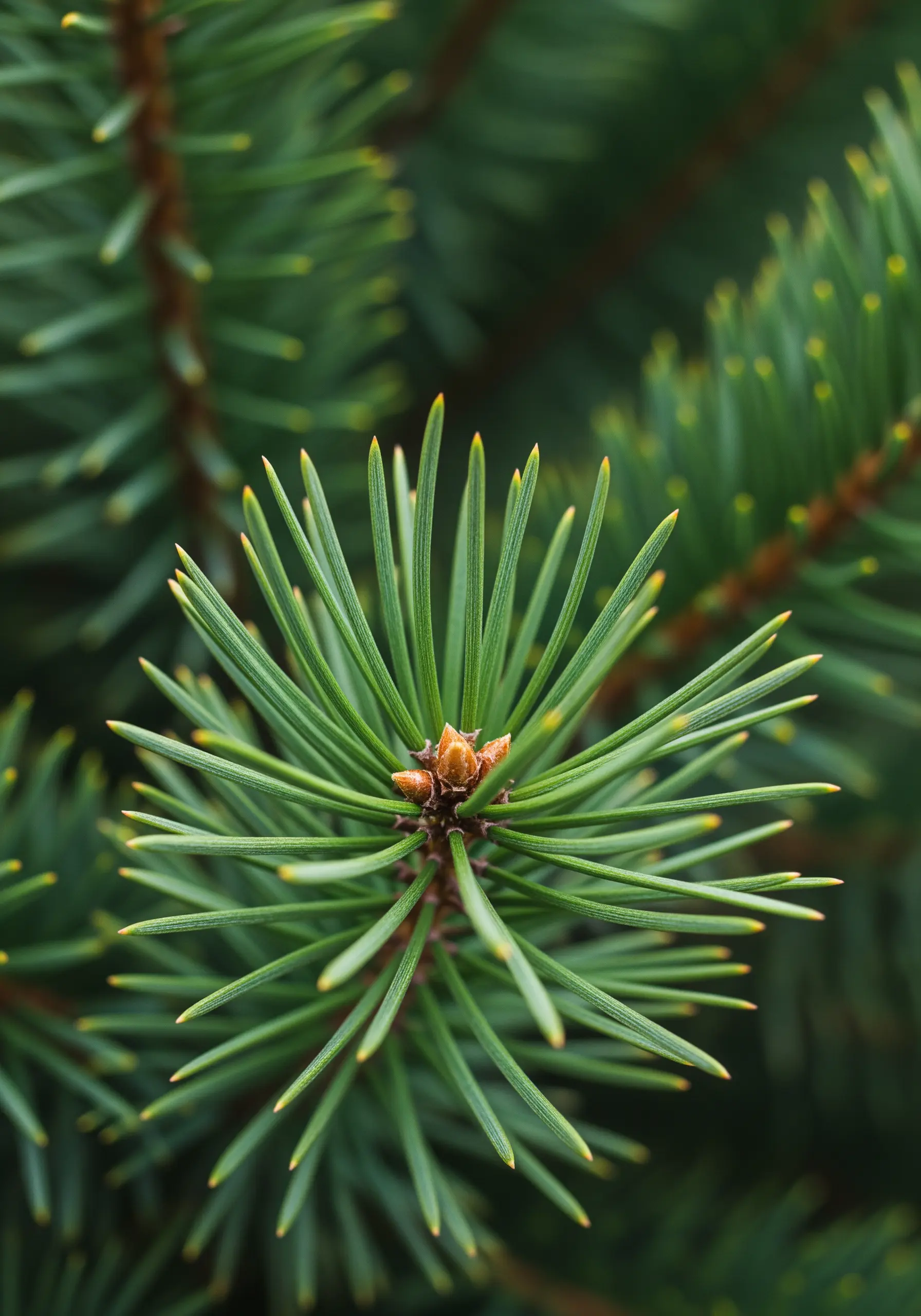 A close-up photograph of pine needles, inspiring an embroidery technique.