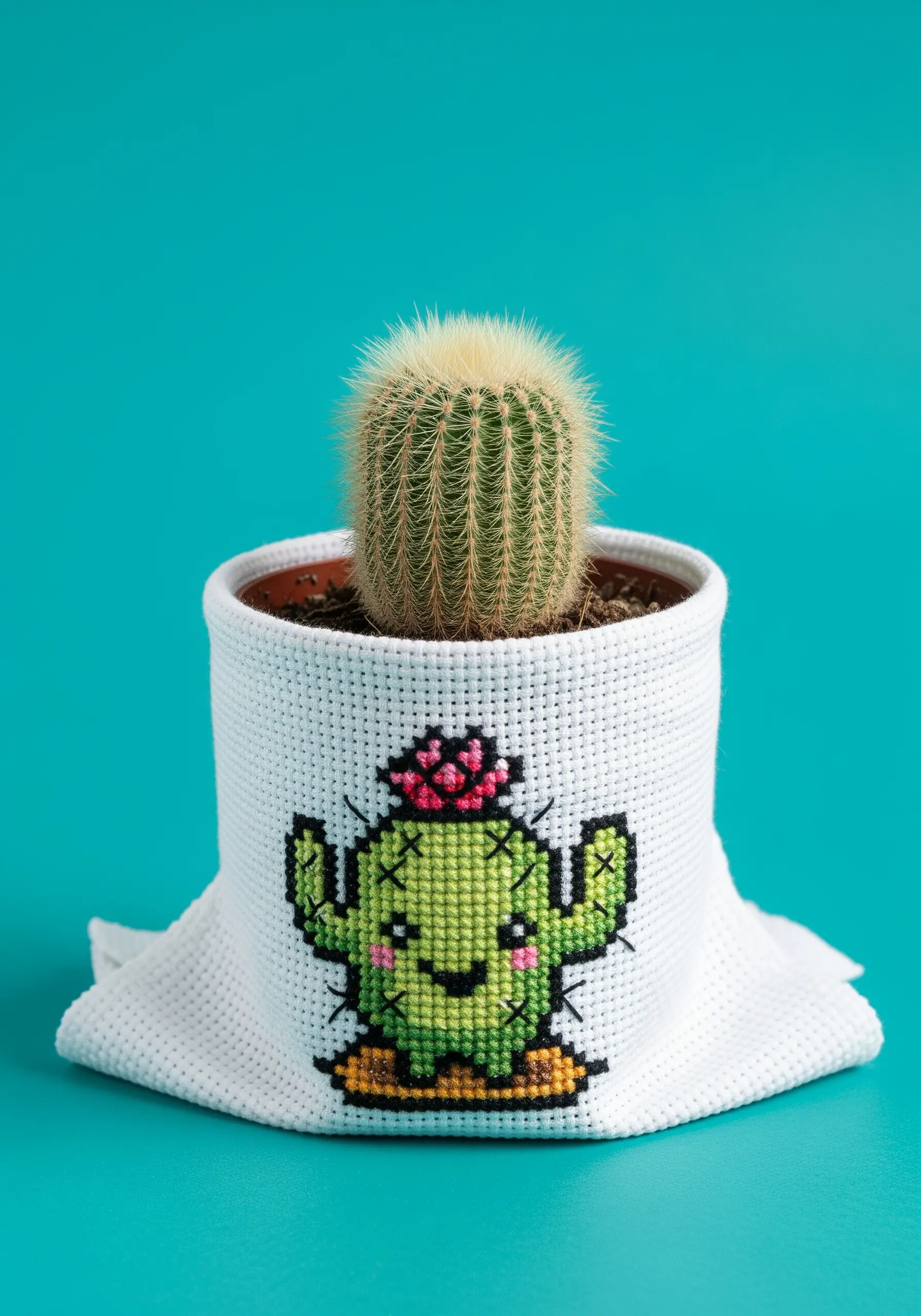 A white Aida cloth pot cover featuring a cute, cross-stitched cartoon cactus with a pink flower.