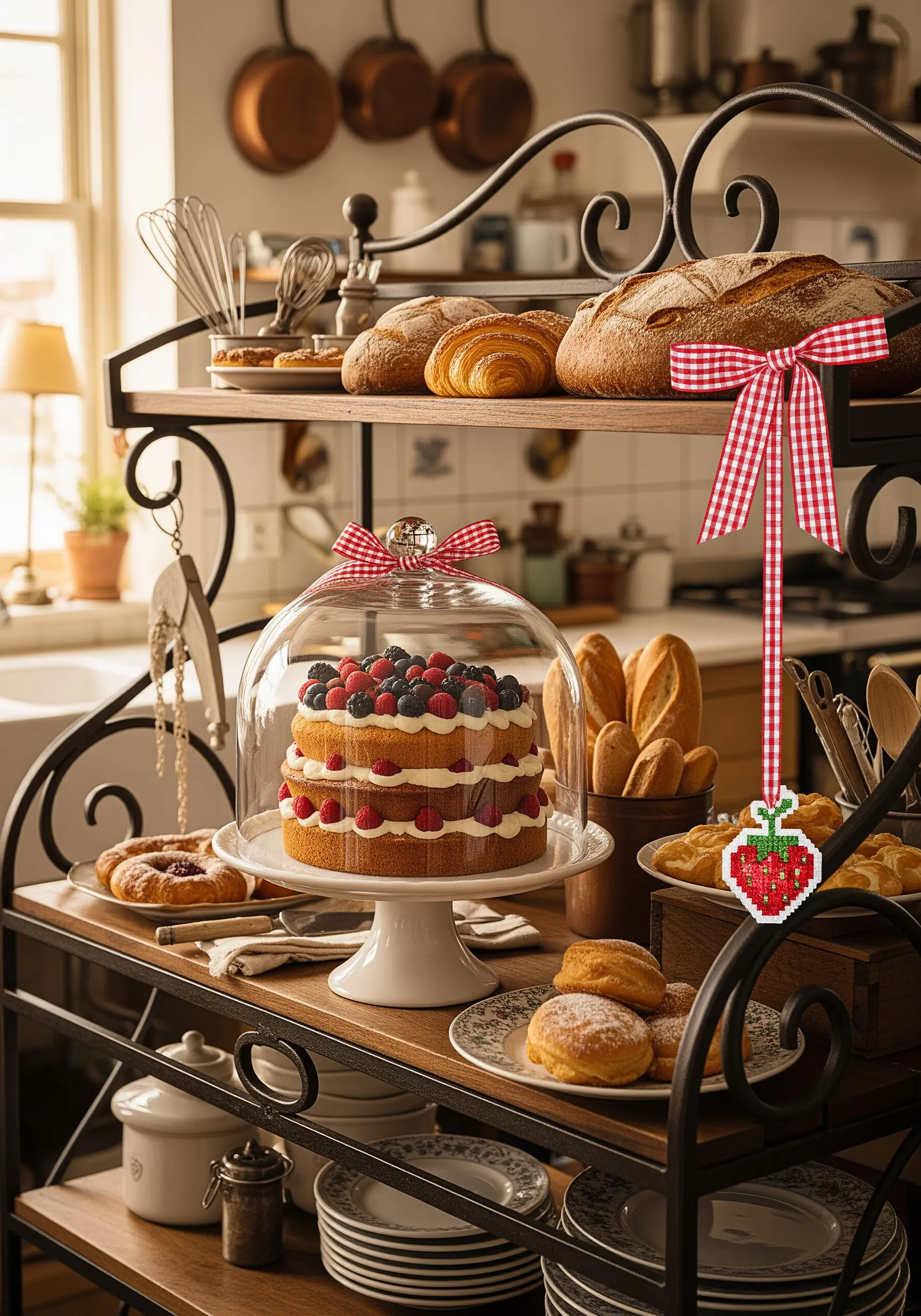 A tiny cross-stitched strawberry ornament with a red gingham ribbon.