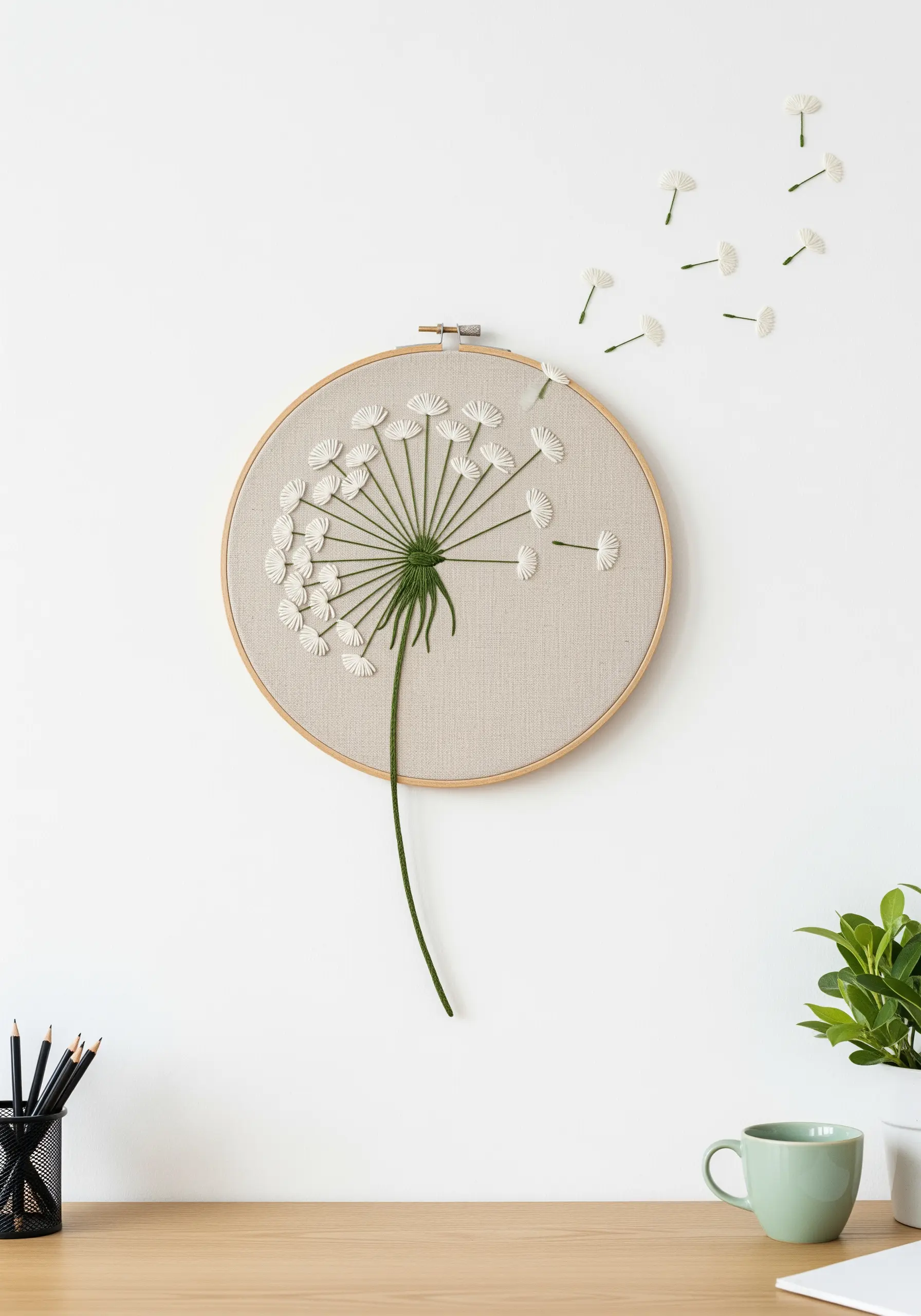 3D dandelion embroidery with some seeds stitched off the hoop directly onto the wall.