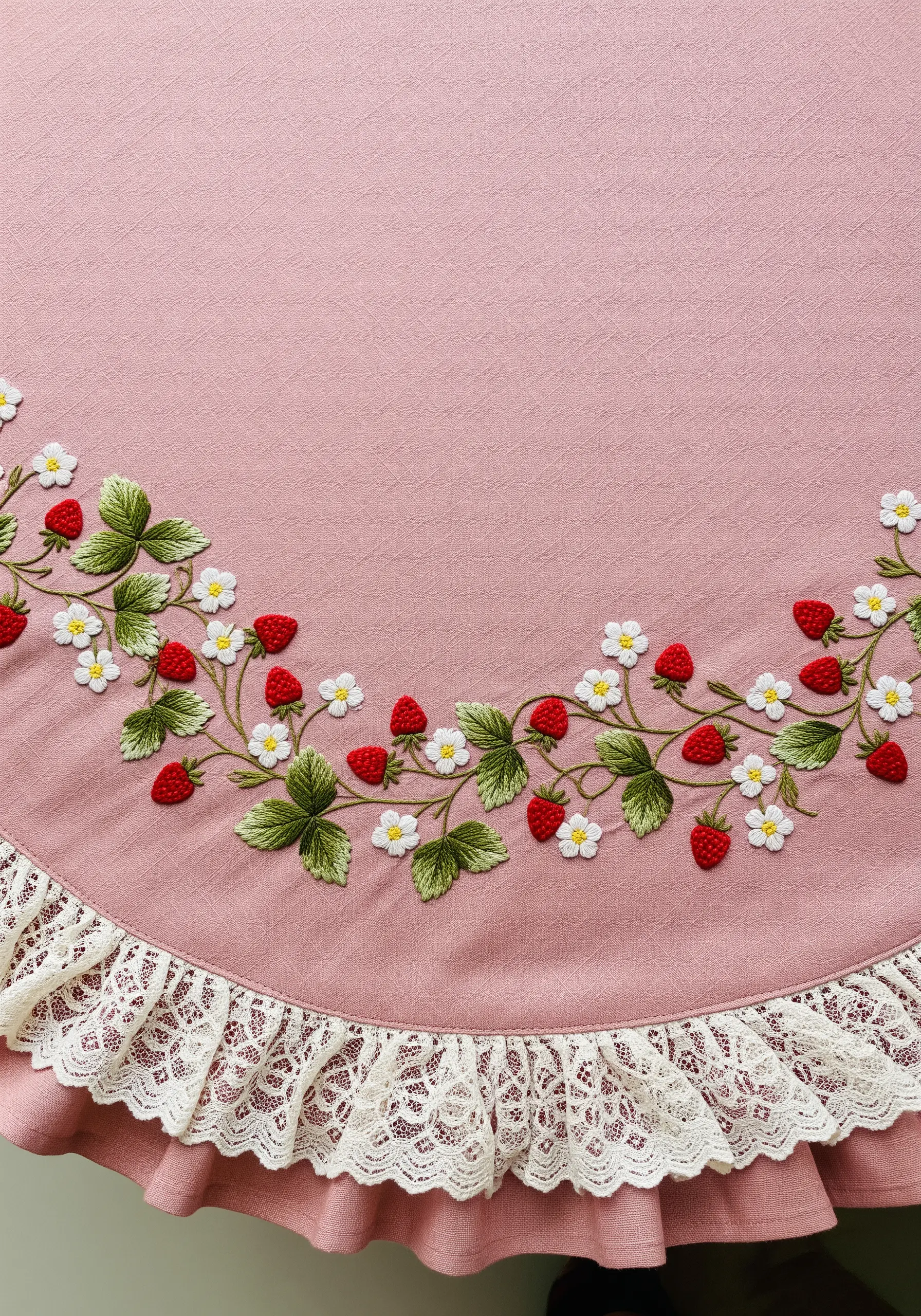 Embroidered strawberry vine with red berries and white flowers on a pink tablecloth.