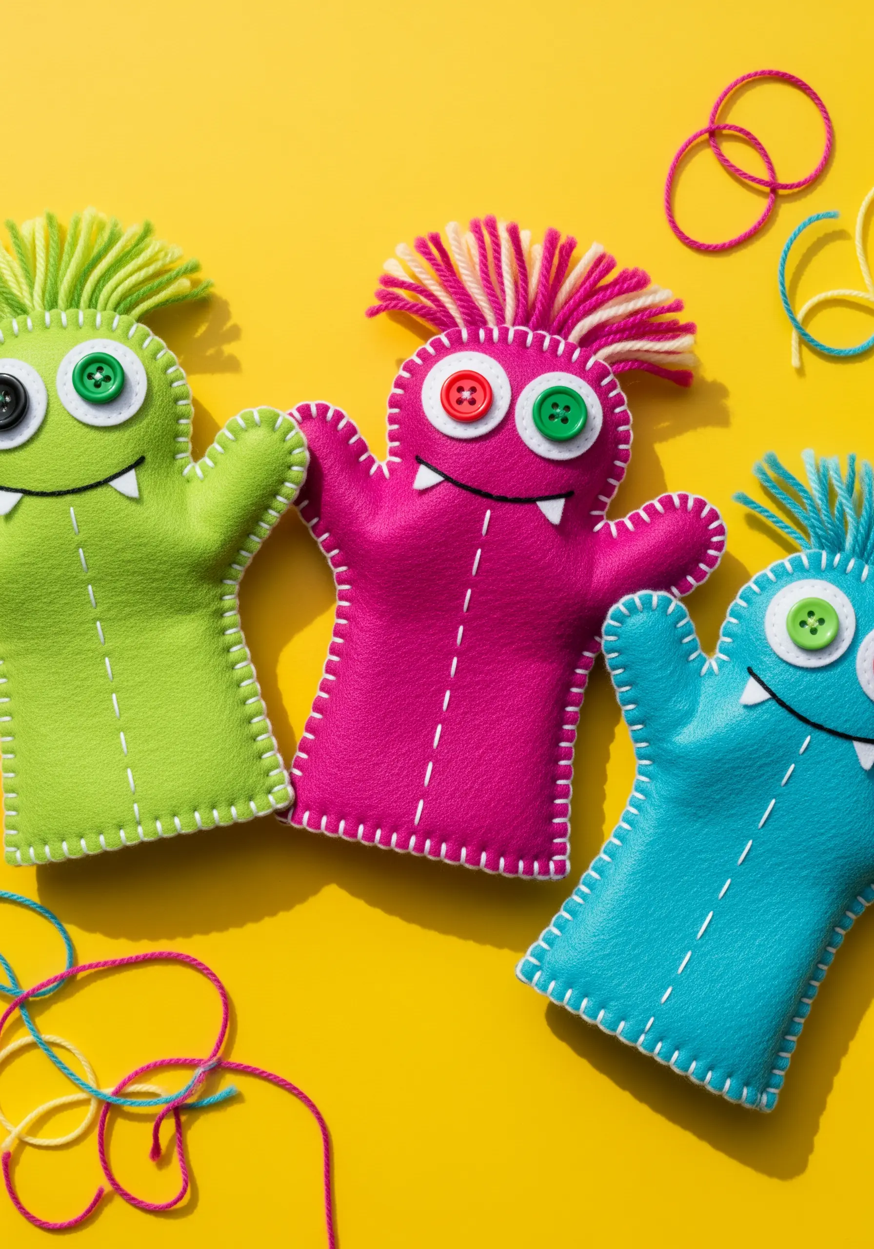 Three brightly colored felt monster hand puppets with button eyes and yarn hair.
