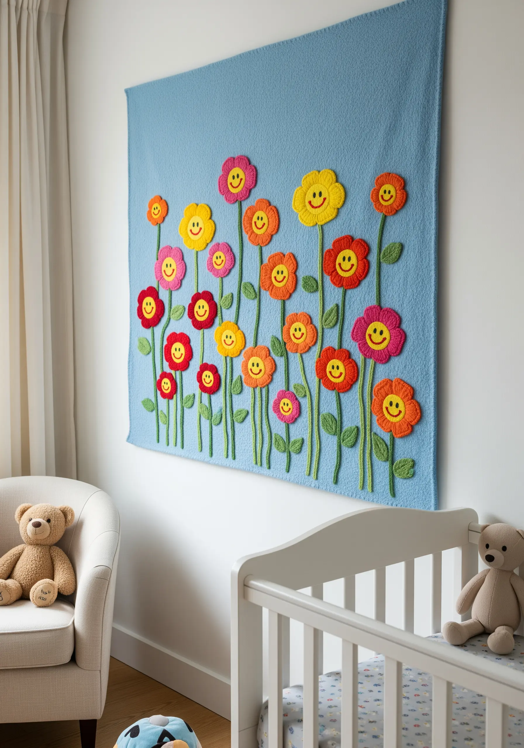 A colorful wall hanging for a nursery with cheerful, smiley-faced flowers made from yarn.