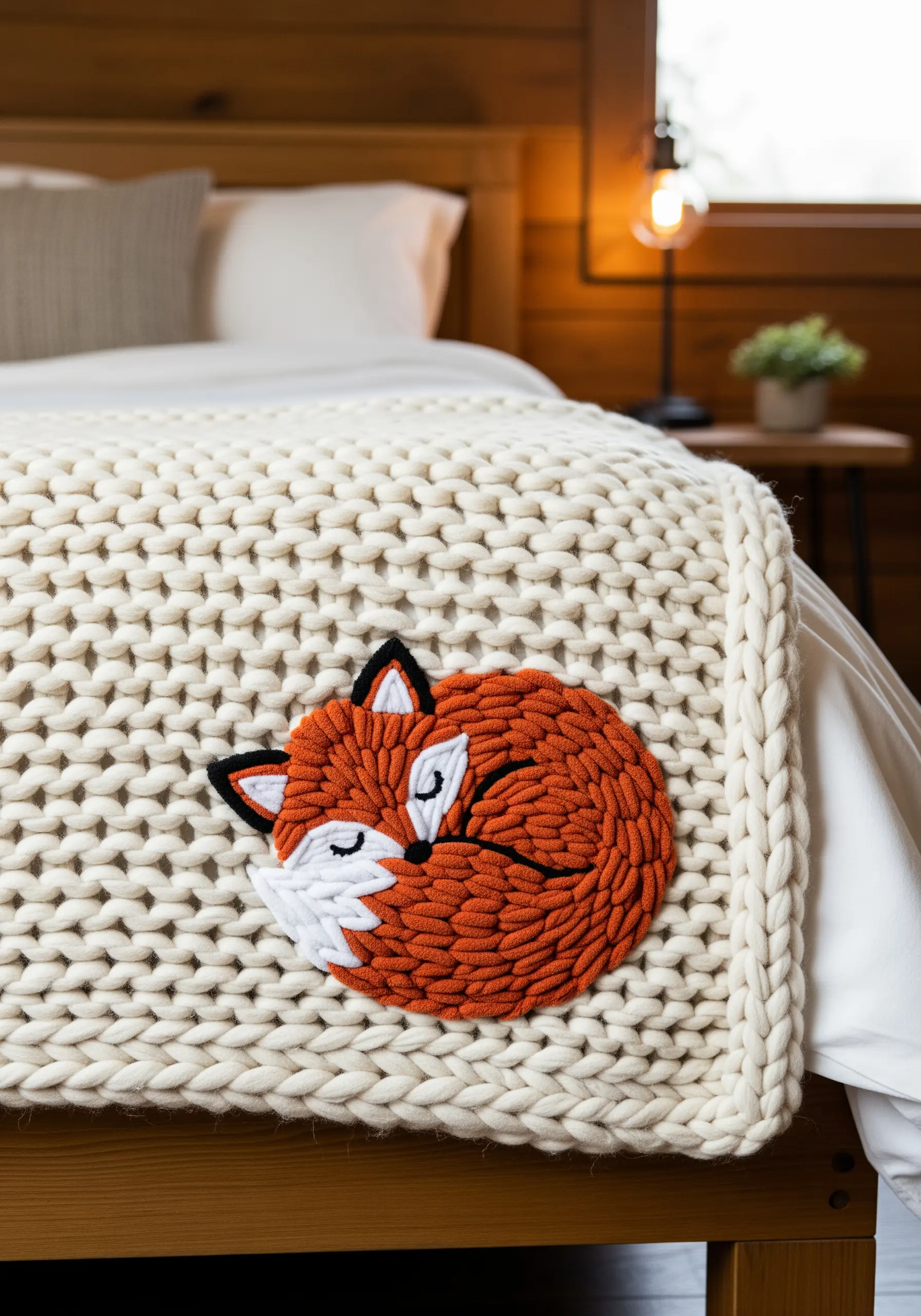 A close-up of a chunky knit blanket with a plush, punch-needle embroidered sleeping fox.