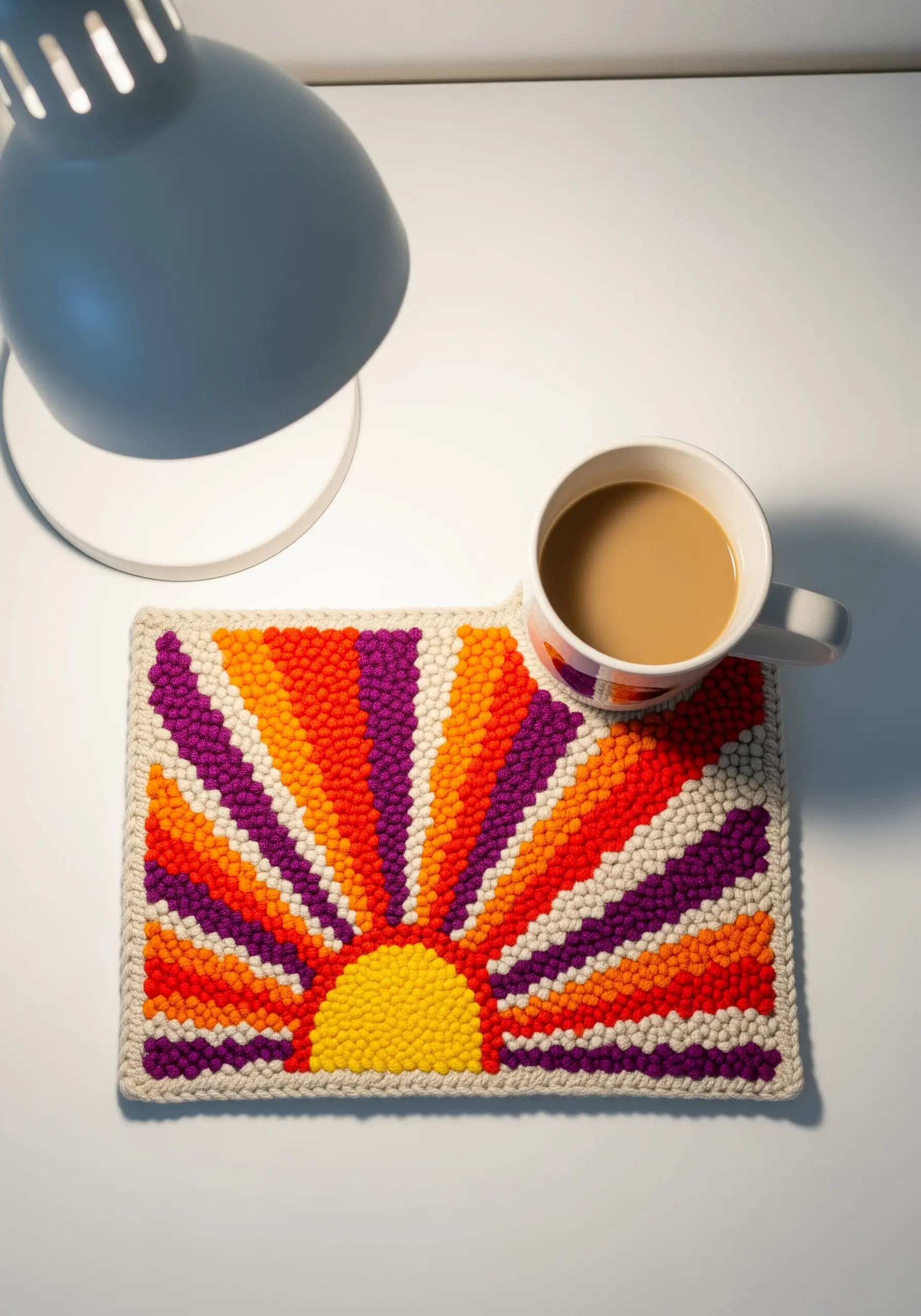 A colorful punch needle mug rug with a retro sunburst design.