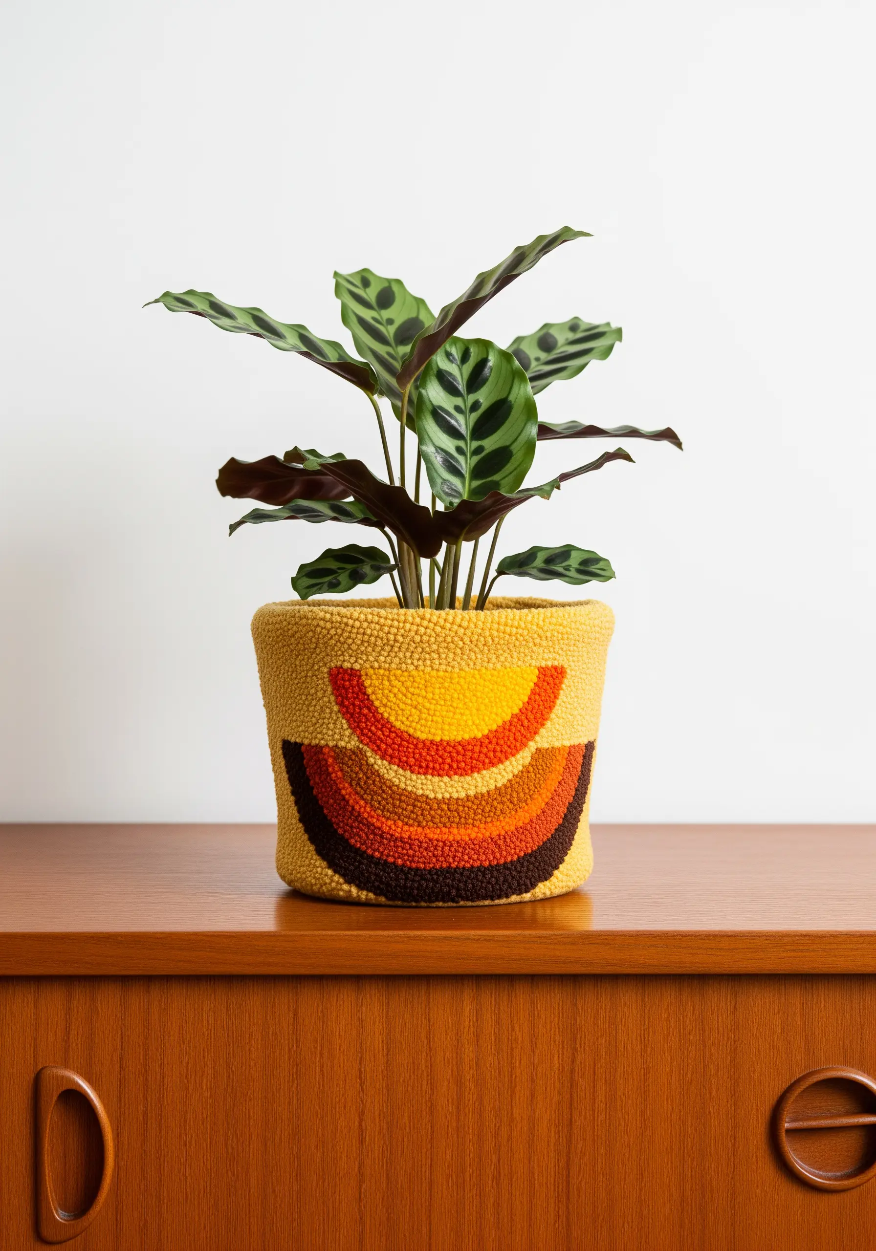 A fabric pot cover decorated with a punch needle design of warm, earthy rainbows.