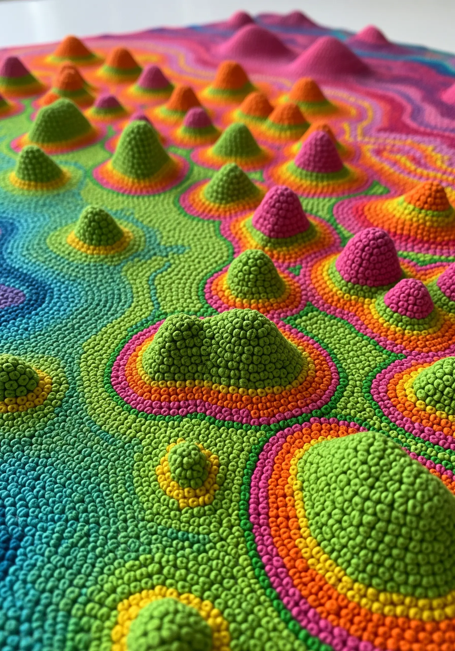 A psychedelic landscape of rolling hills made entirely of dense, colorful French knots