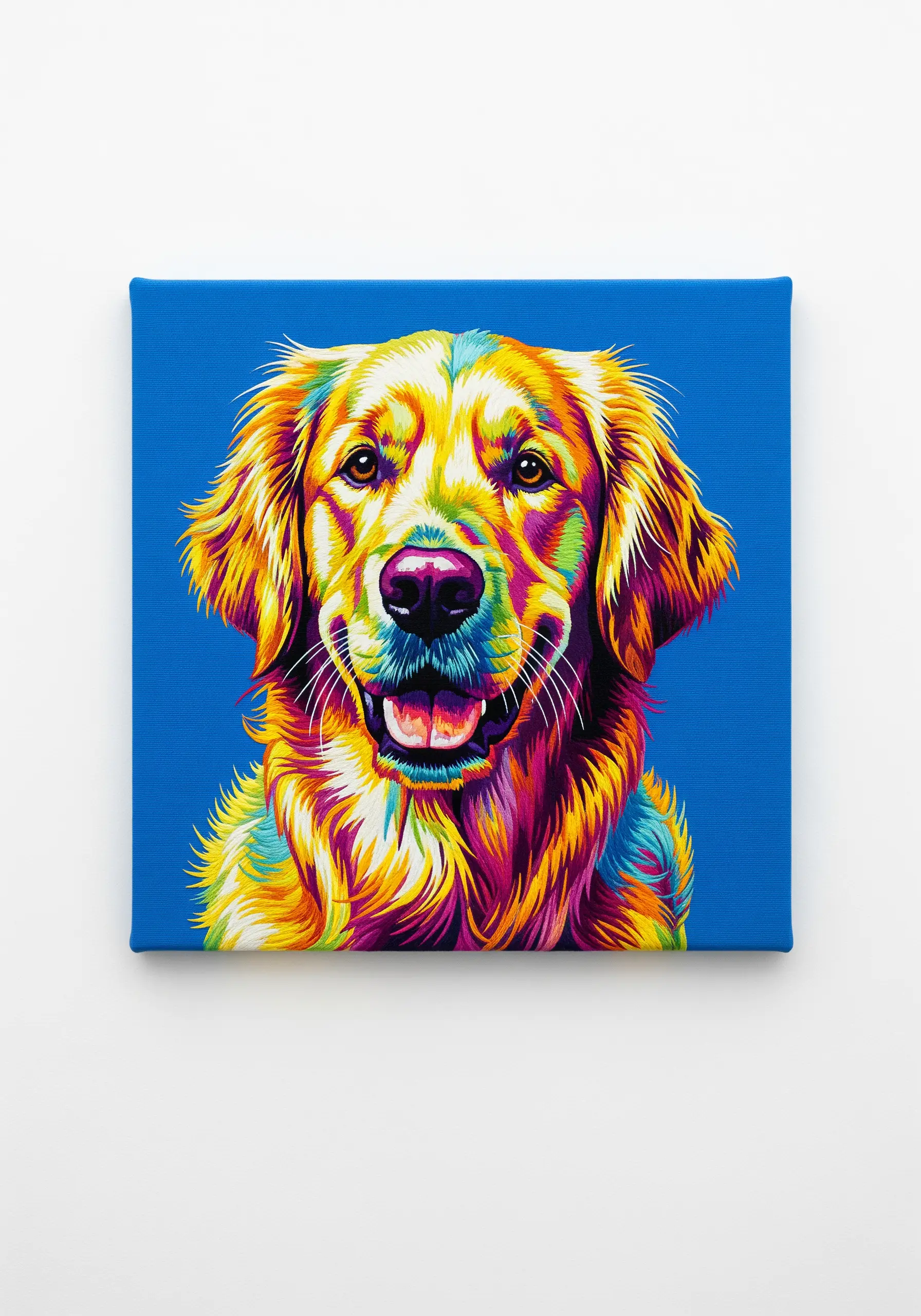 A pop art embroidered portrait of a golden retriever in vibrant, unrealistic rainbow colors.