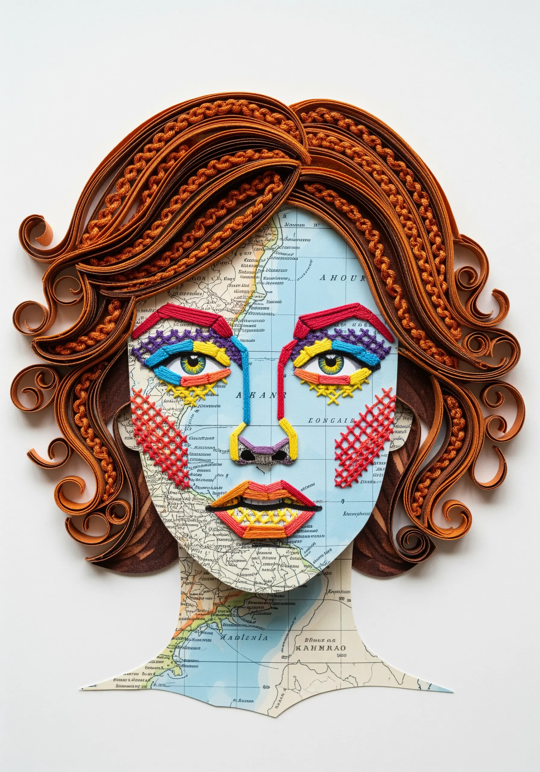 A portrait collage using a map for the face, quilled paper for hair, and embroidery for features.