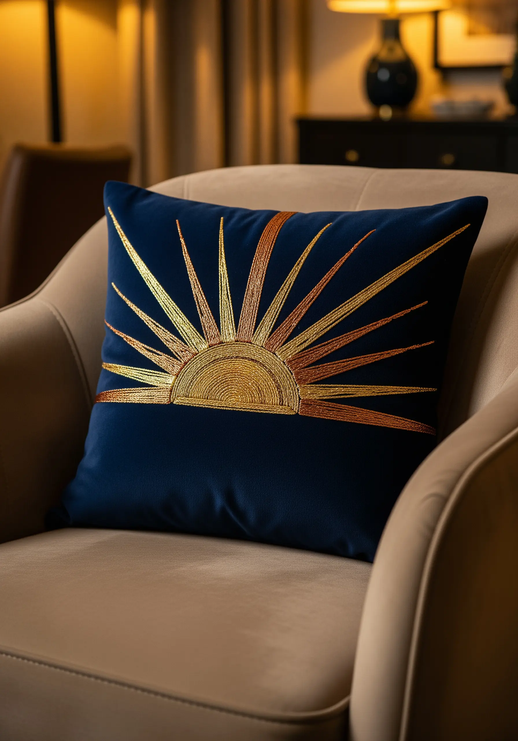 A navy blue velvet pillow with a sunburst embroidered in gold and copper metallic threads.