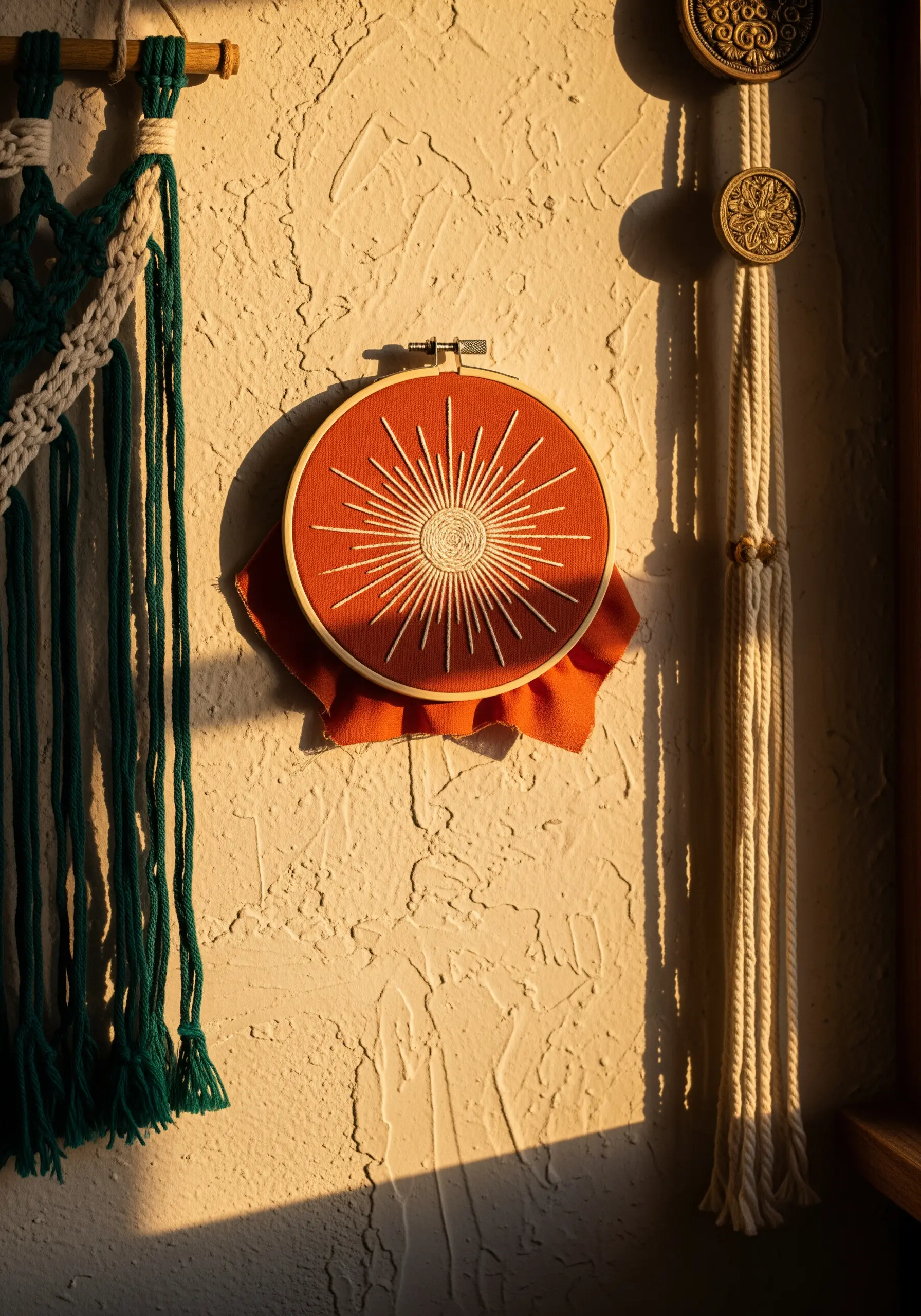 A white sunburst embroidered with straight stitches on burnt orange fabric.