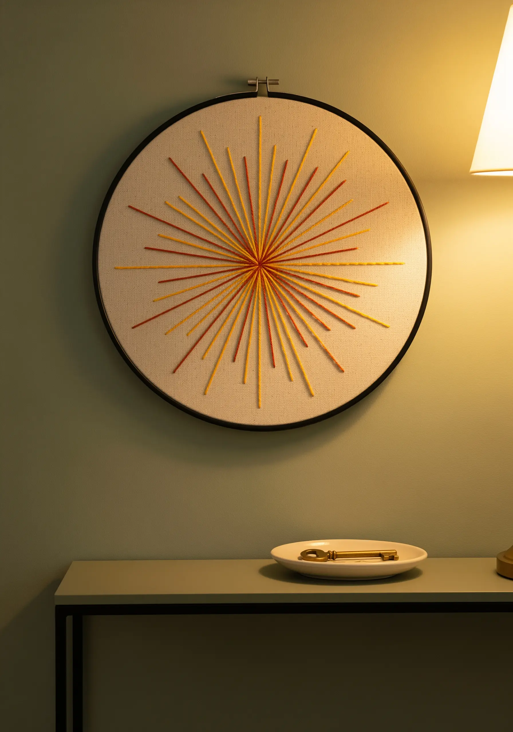 Abstract sunburst embroidery with radiating straight stitches in red, orange, and yellow.