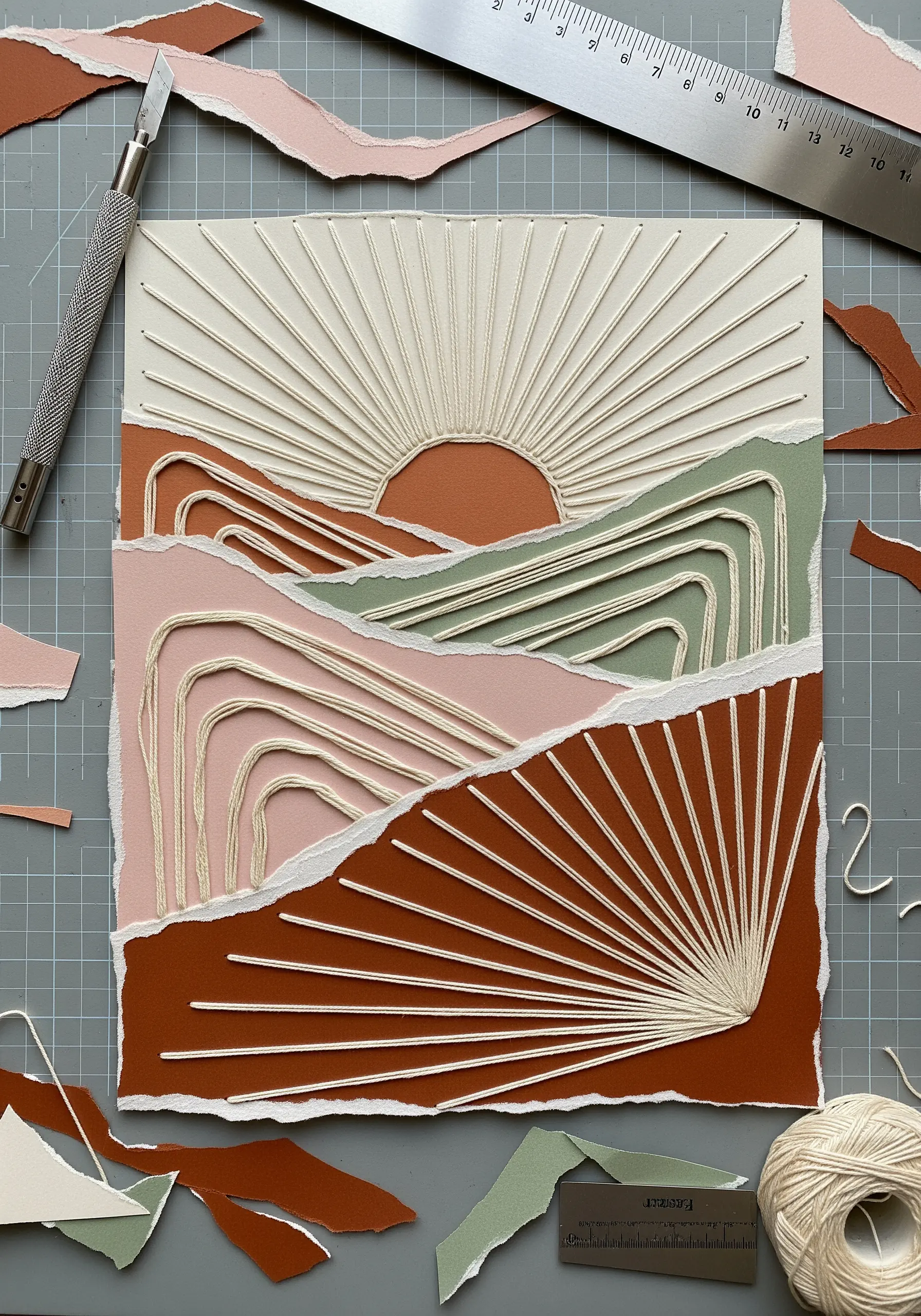 A landscape of torn paper with radiating straight stitches forming a stylized sun.