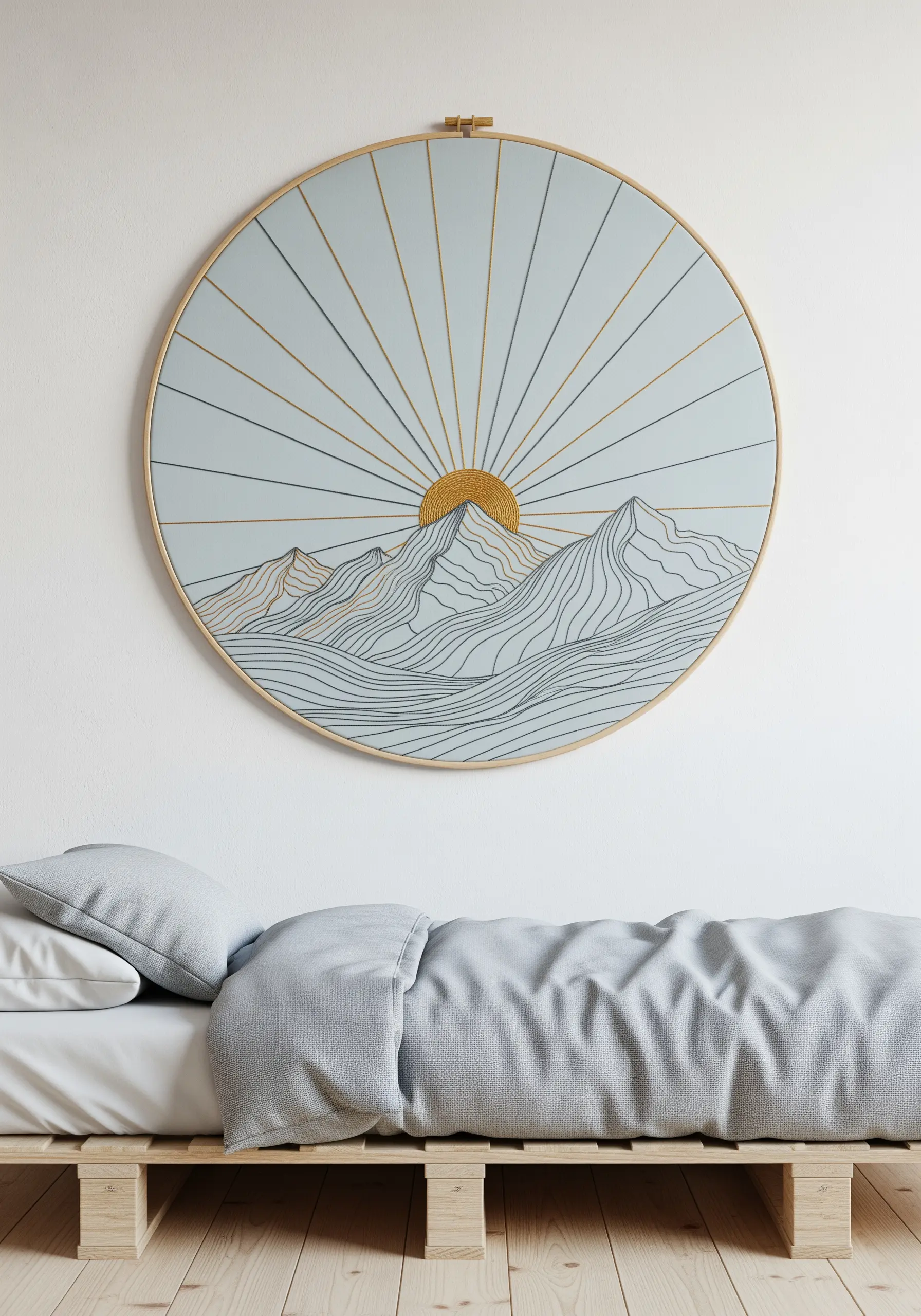 A large embroidery hoop with a line art design of a sunburst over mountains.