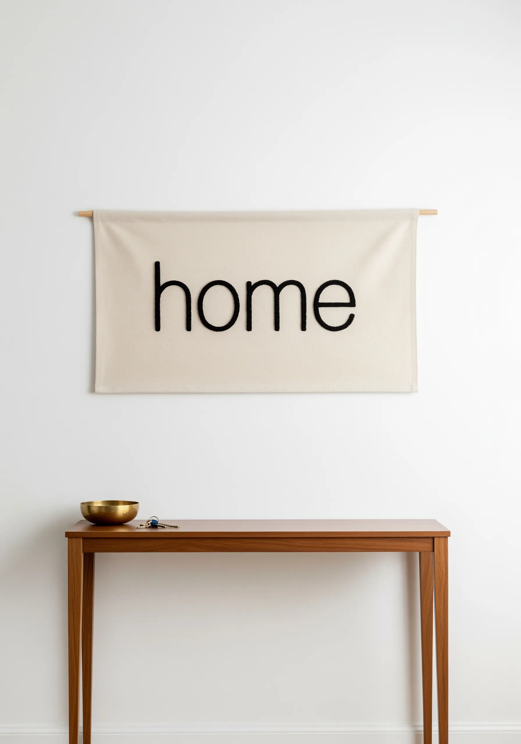 A canvas wall banner with the word 'home' stitched in thick, black, raised lettering.
