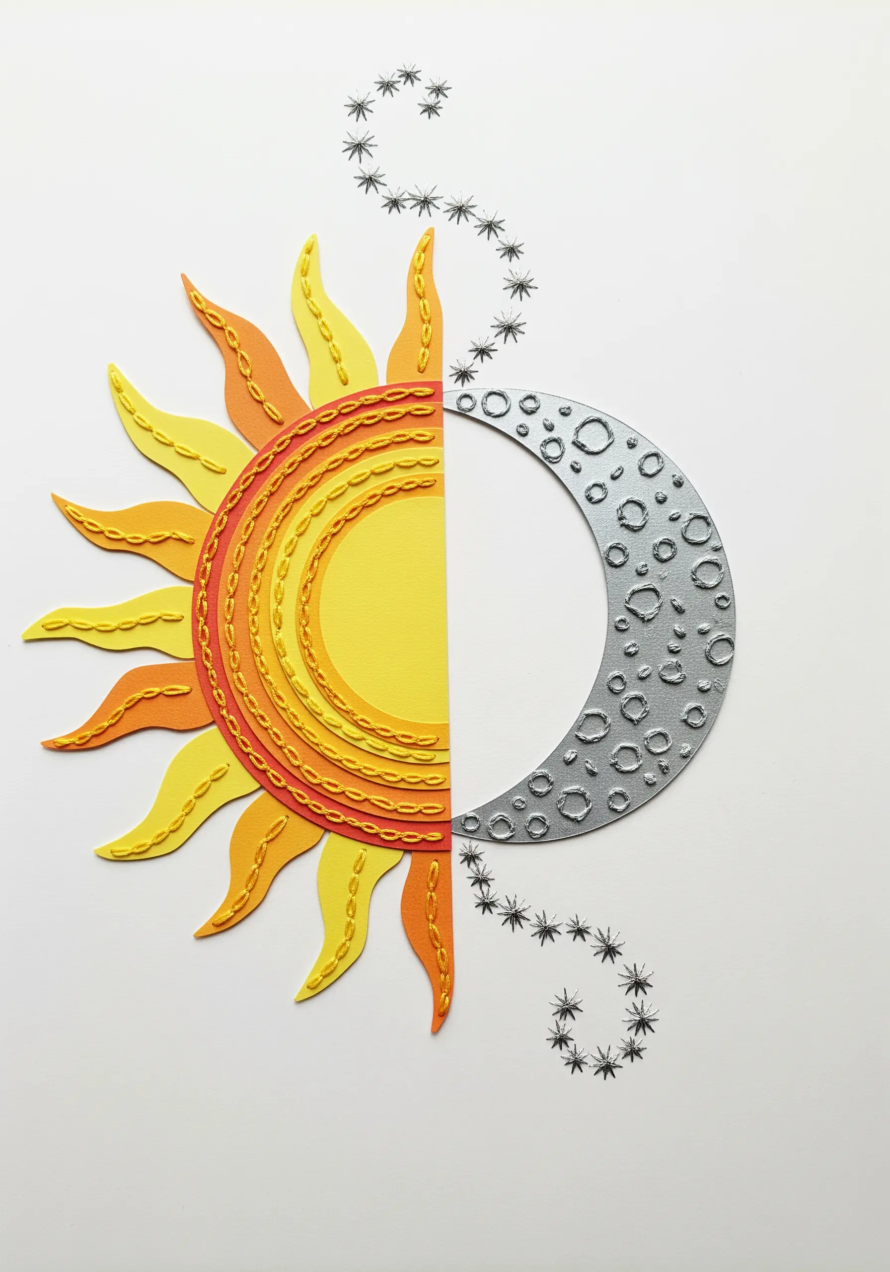 A sun and moon collage, with the sun's rays defined by raised, whipped backstitch outlines.