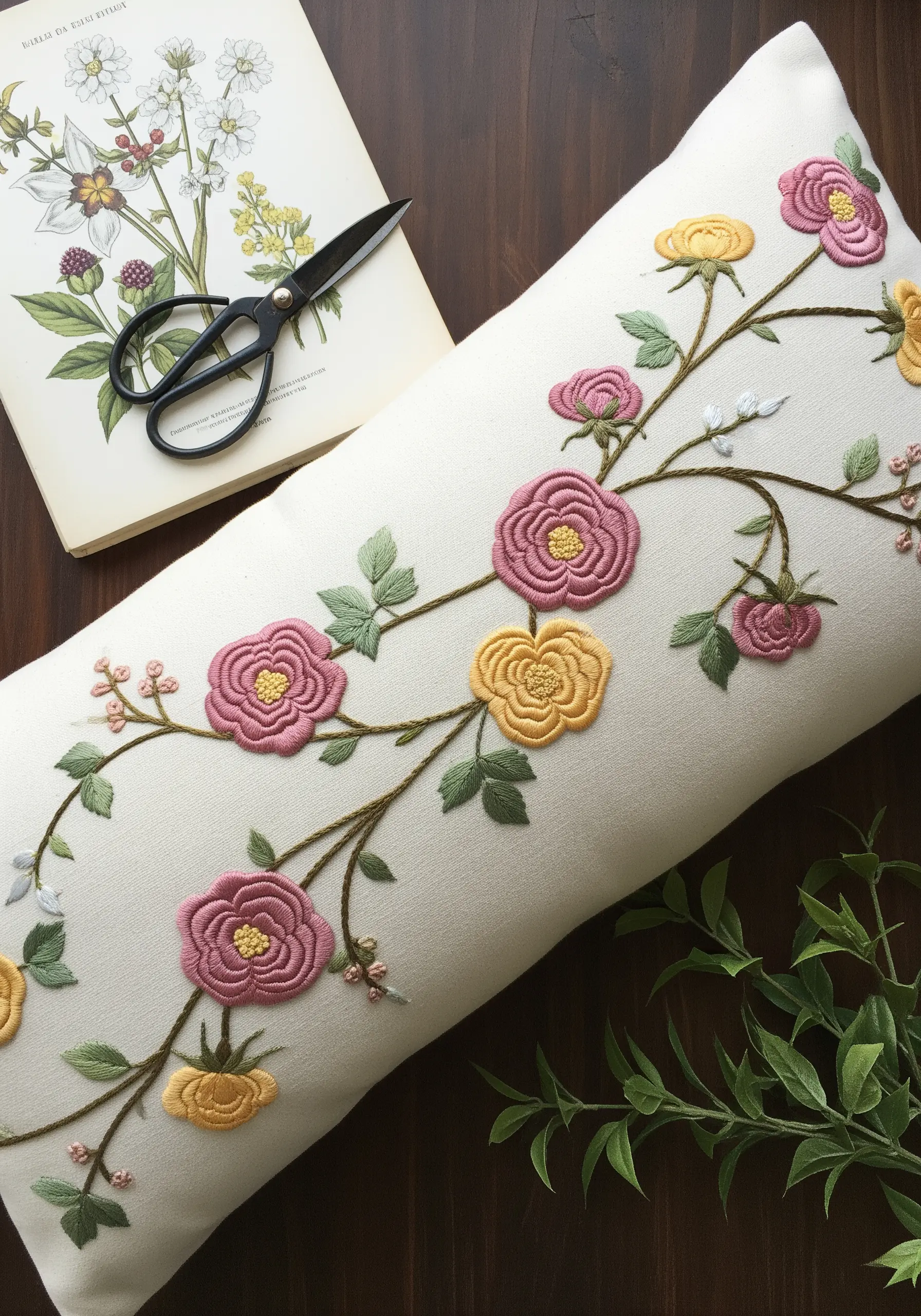 Raised pink and yellow roses embroidered on a long lumbar pillow.