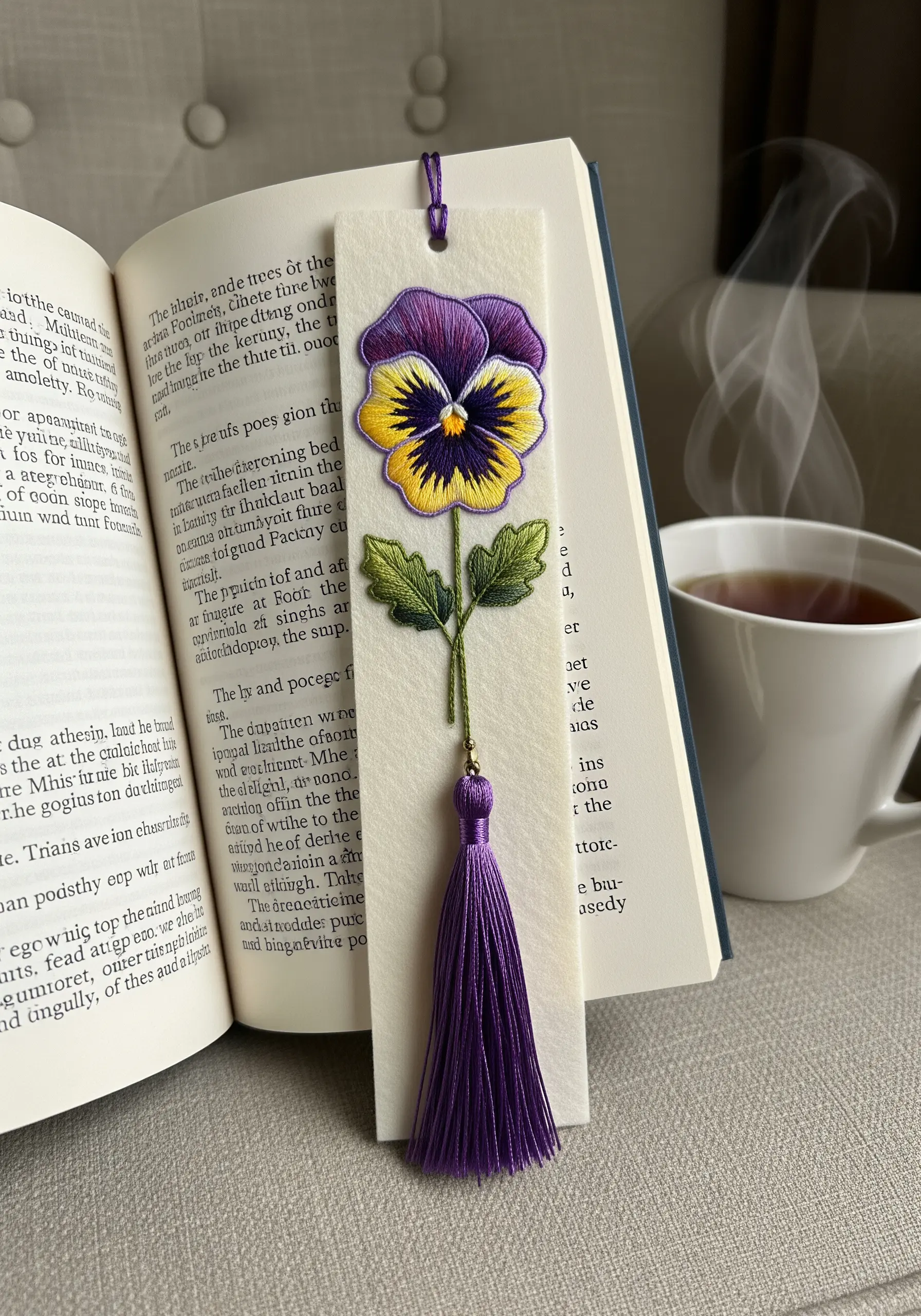An embroidered pansy on a white felt bookmark with a purple tassel
