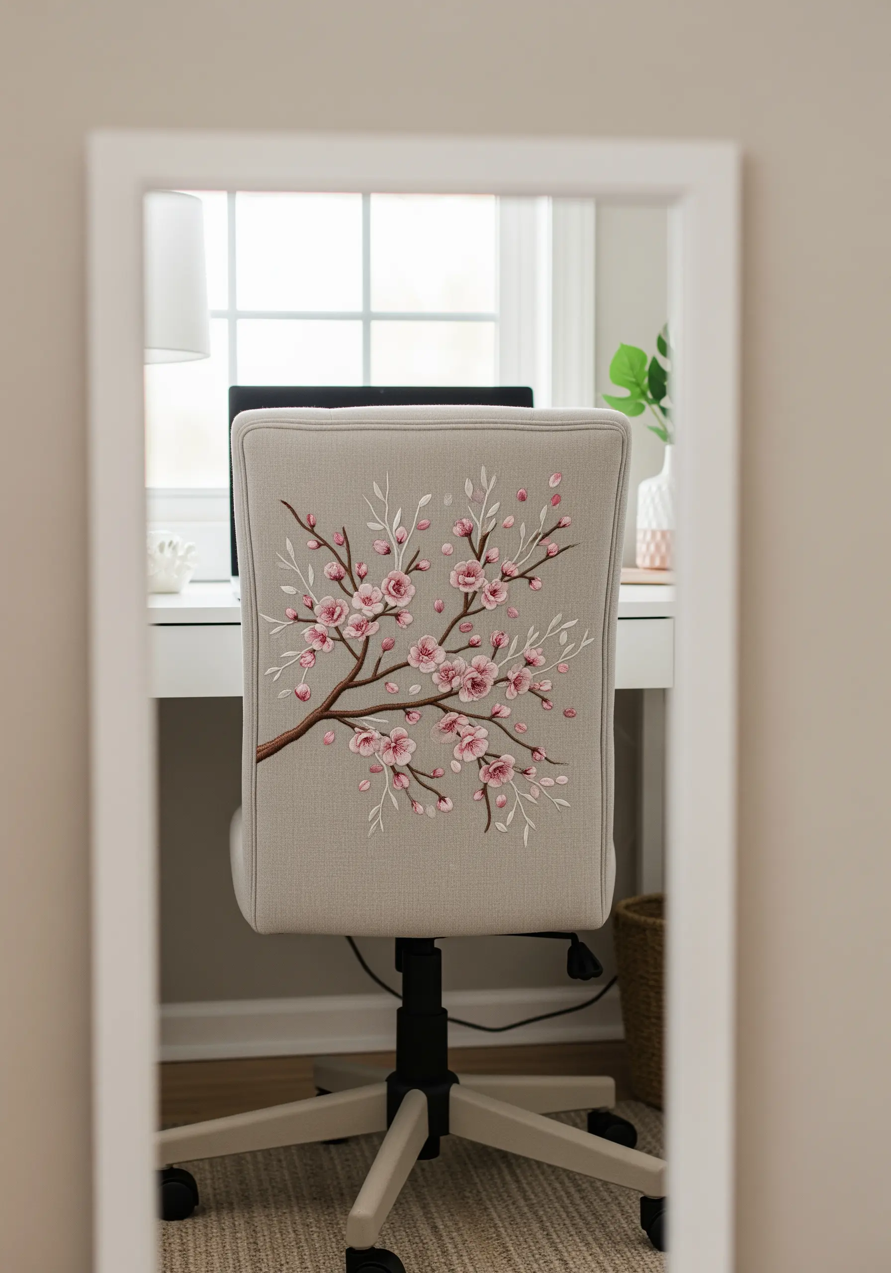 An office chair back embroidered with a realistic cherry blossom branch.
