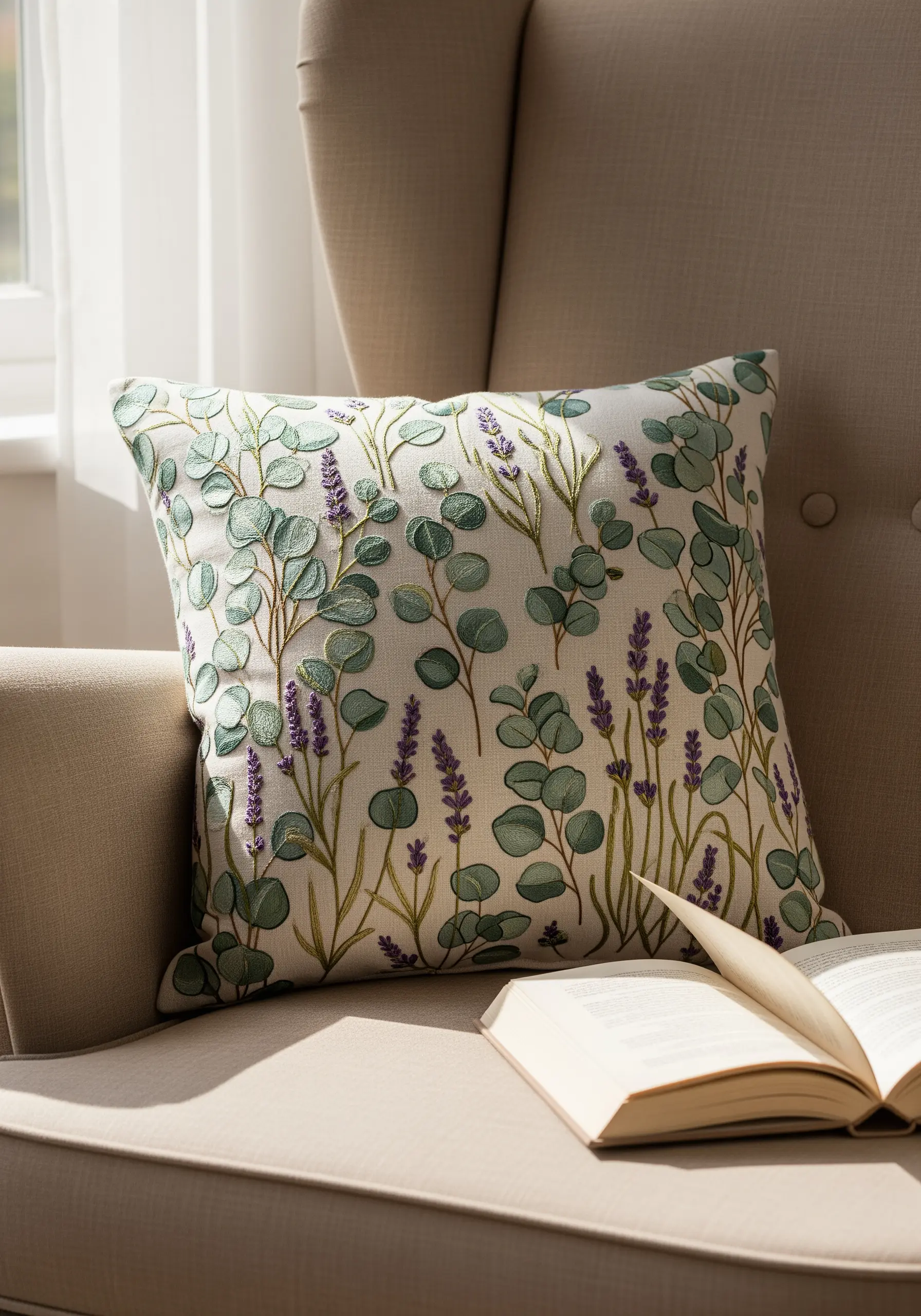 A pillow with lavender and layered eucalyptus leaves made from appliqué and embroidery.
