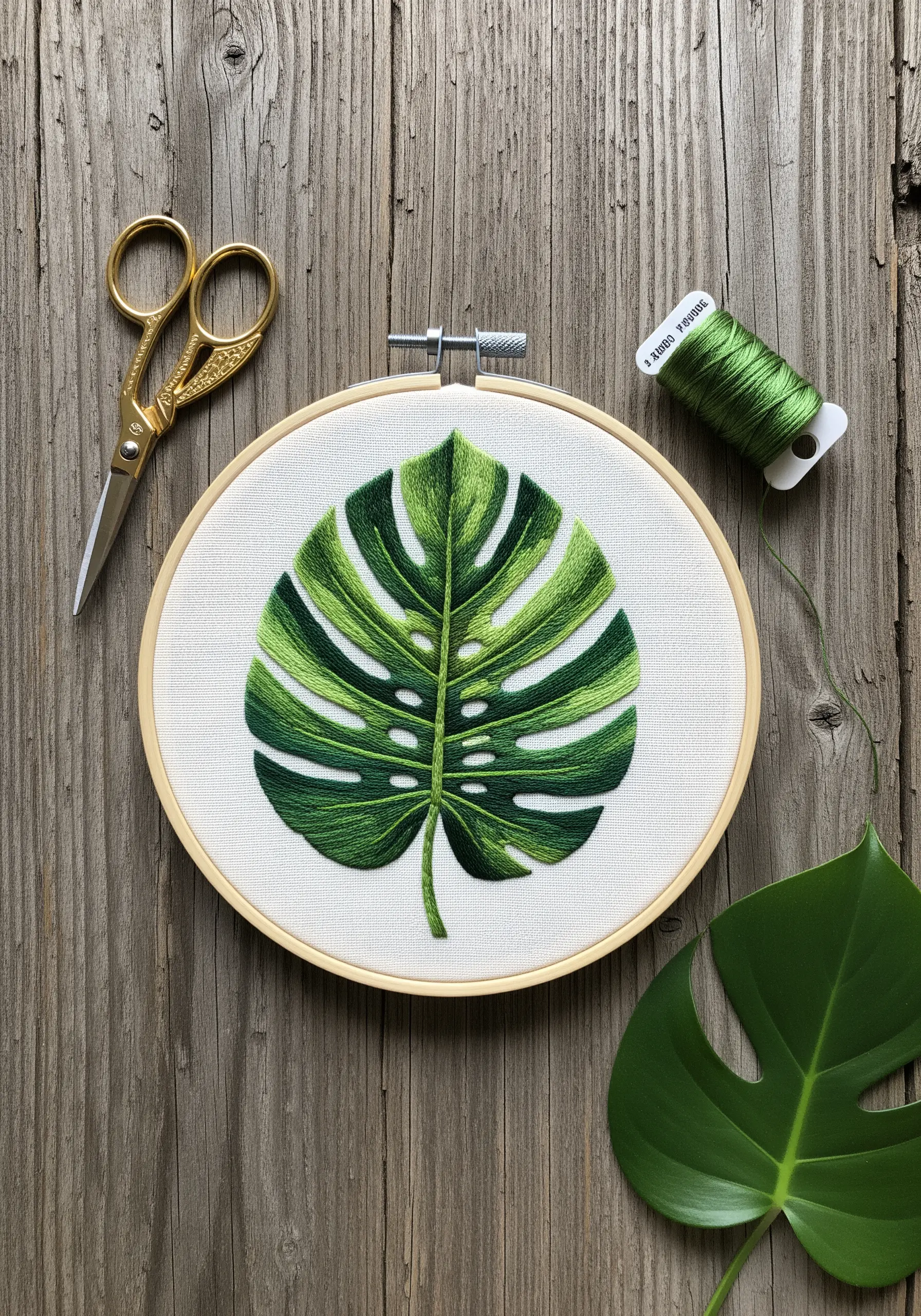 Detailed thread-painted monstera leaf with realistic green color gradients.