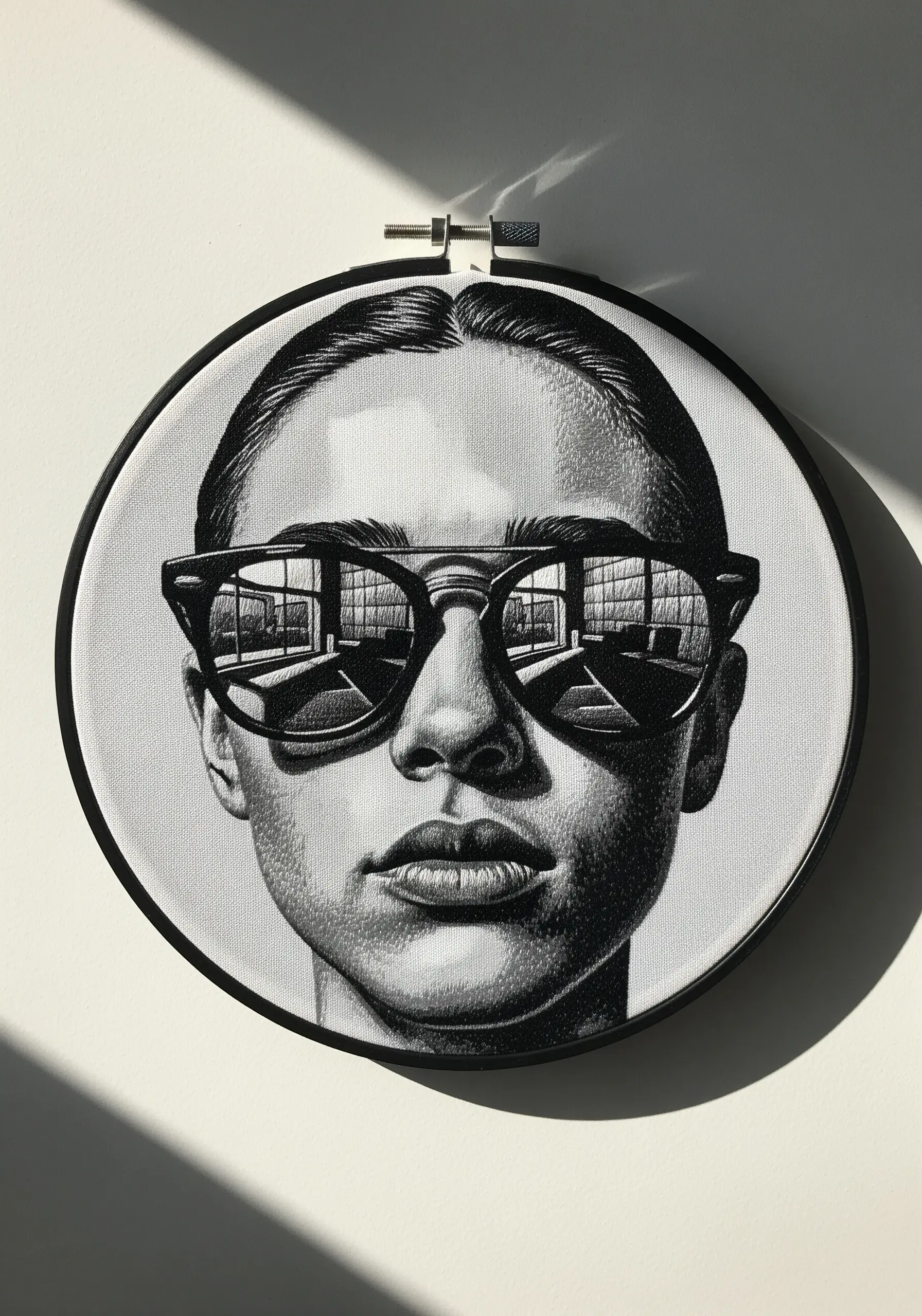 Black and white embroidered portrait of a woman with reflections stitched into her sunglasses.