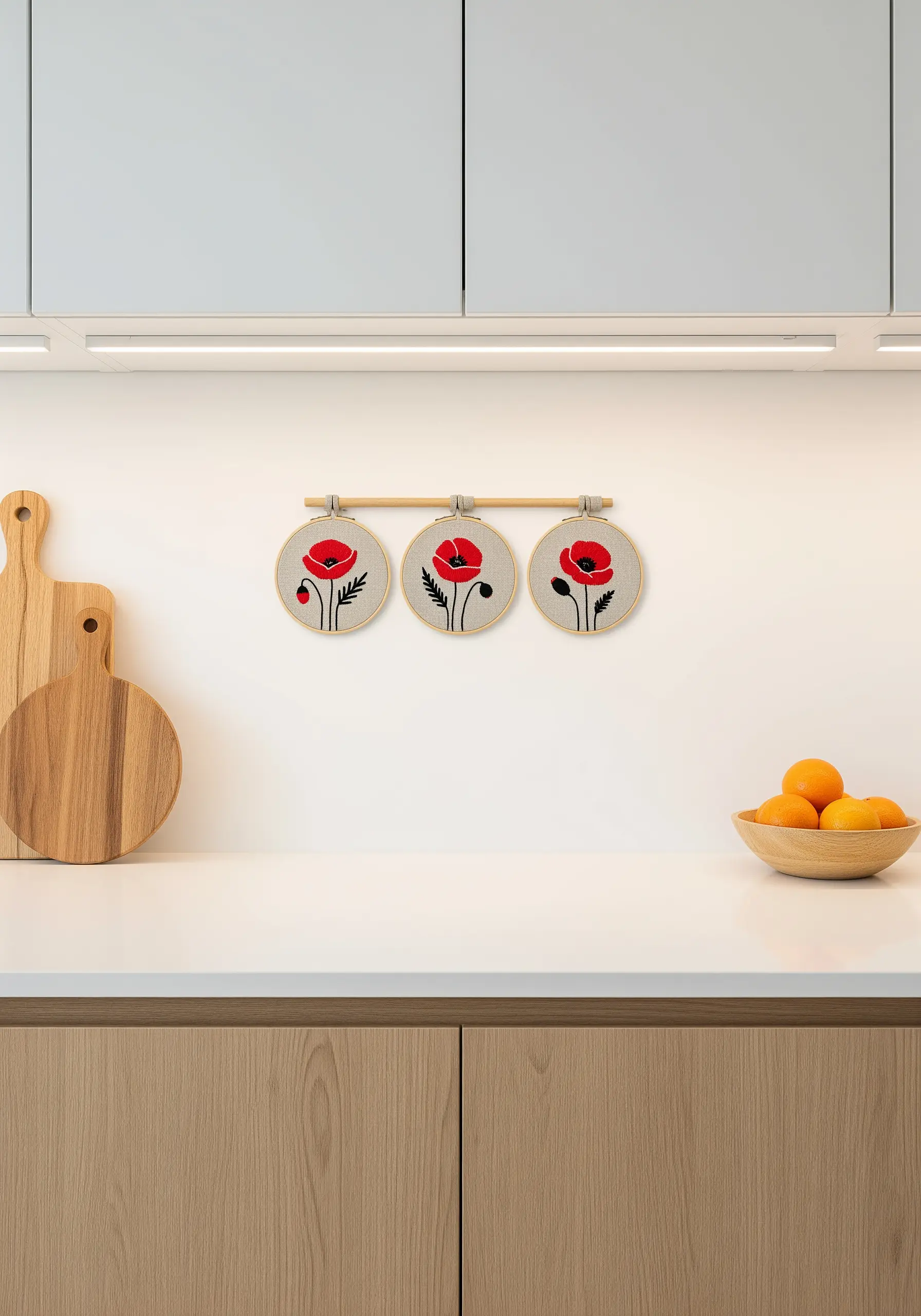 Three small embroidery hoops with red poppy motifs hanging on a modern kitchen backsplash.