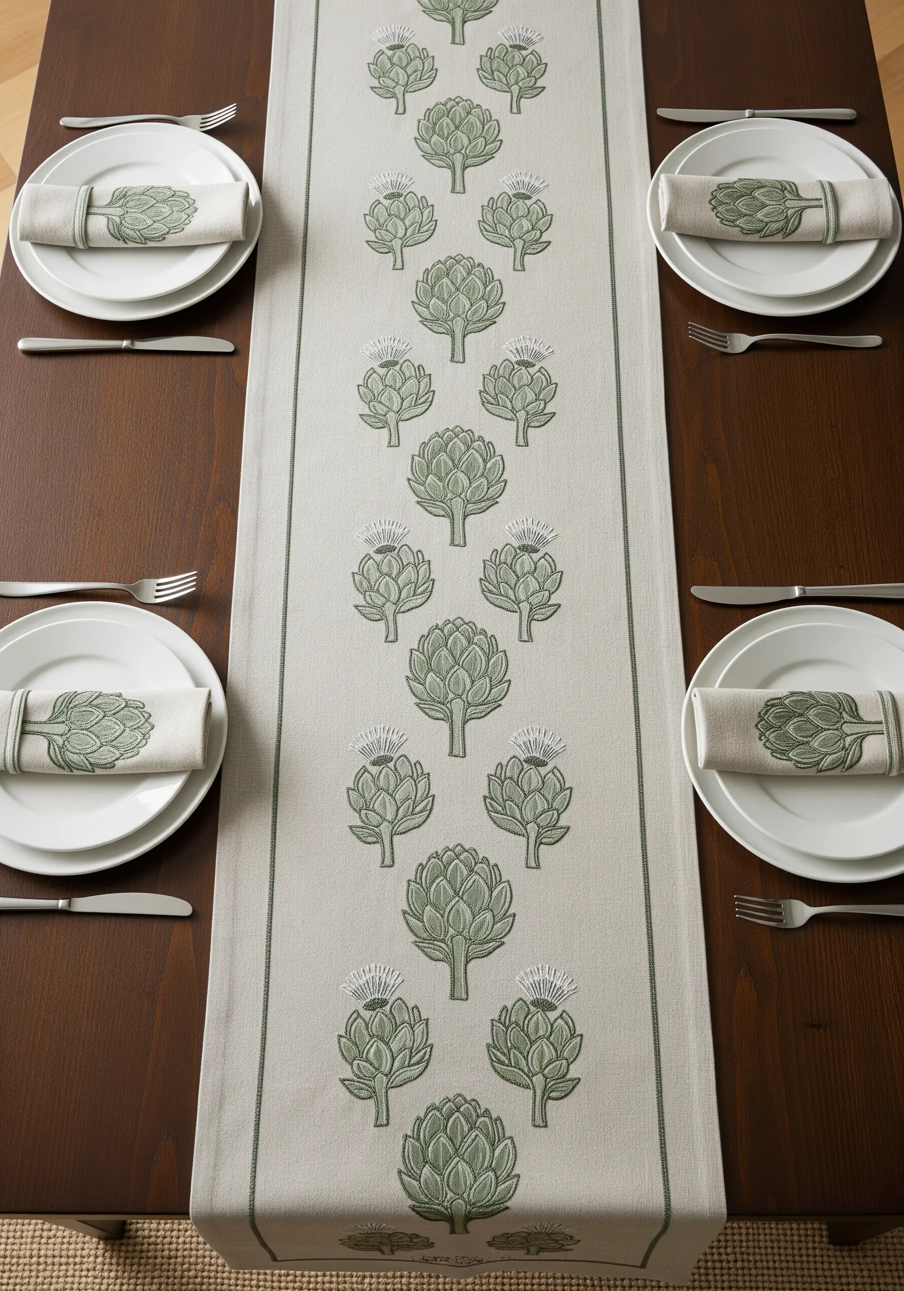 A long table runner with a repeating pattern of green embroidered artichokes