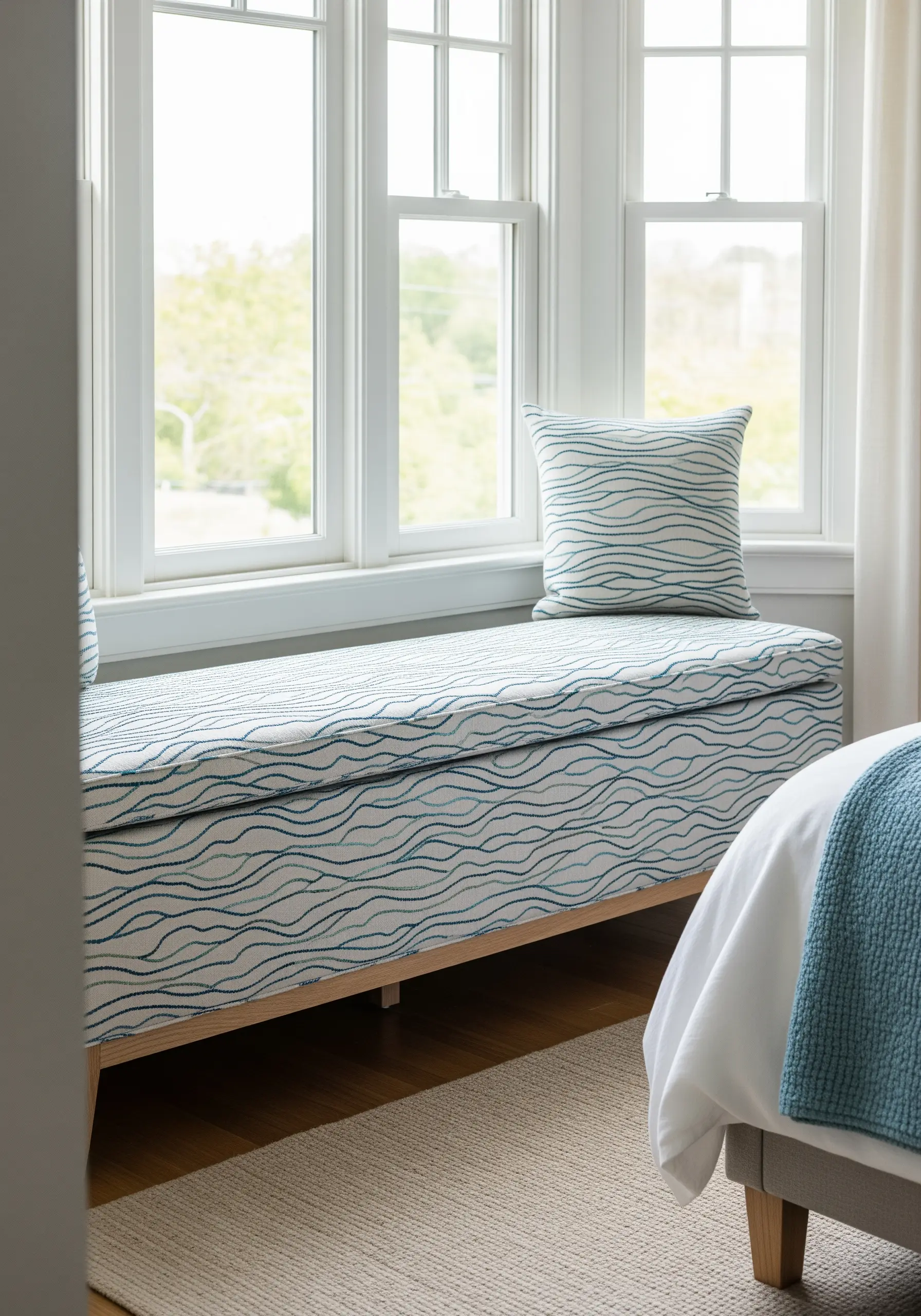 A window seat bench with a cushion embroidered with a continuous teal wave pattern.