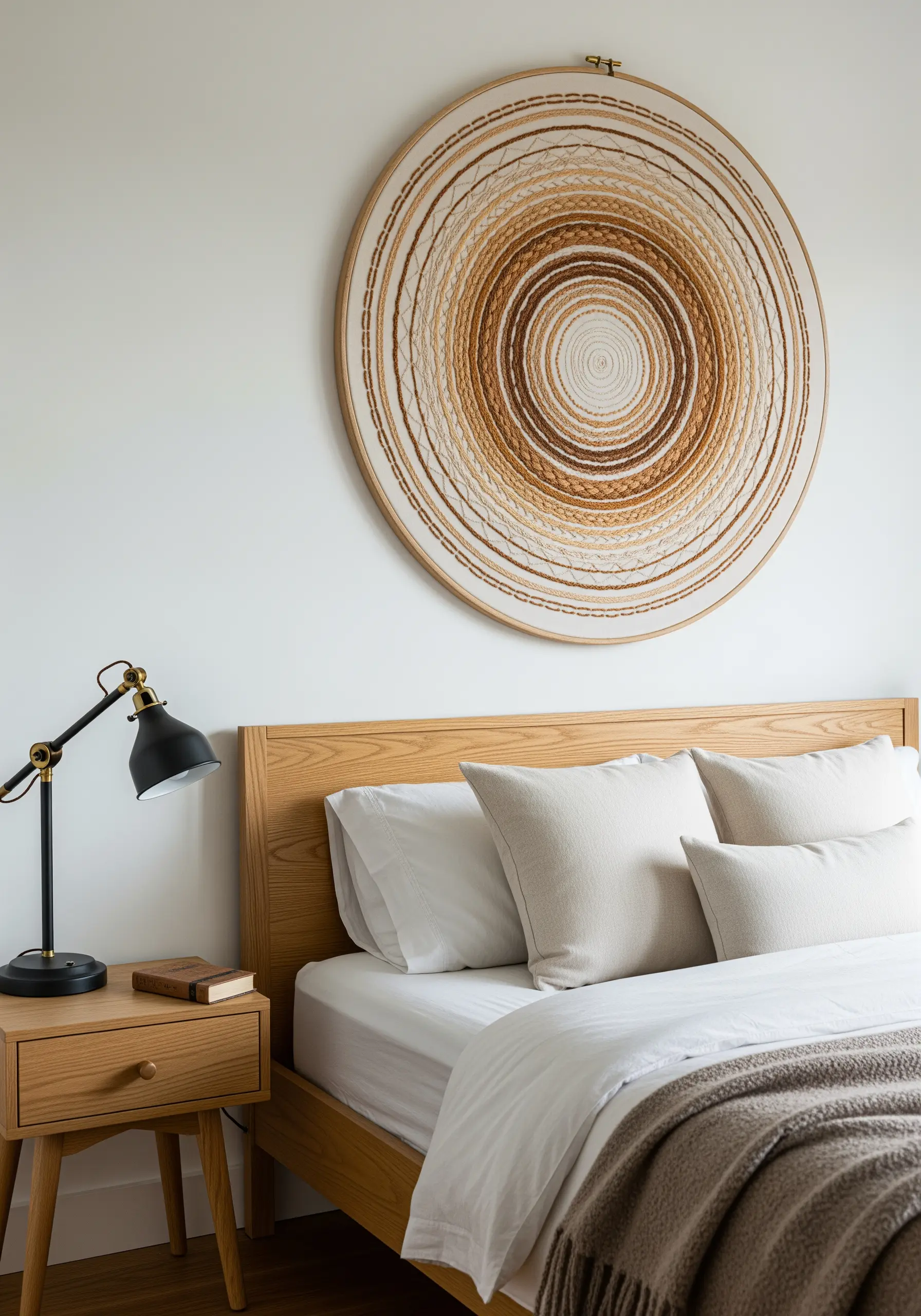 A large embroidery hoop with concentric circles stitched in shades of brown and beige.