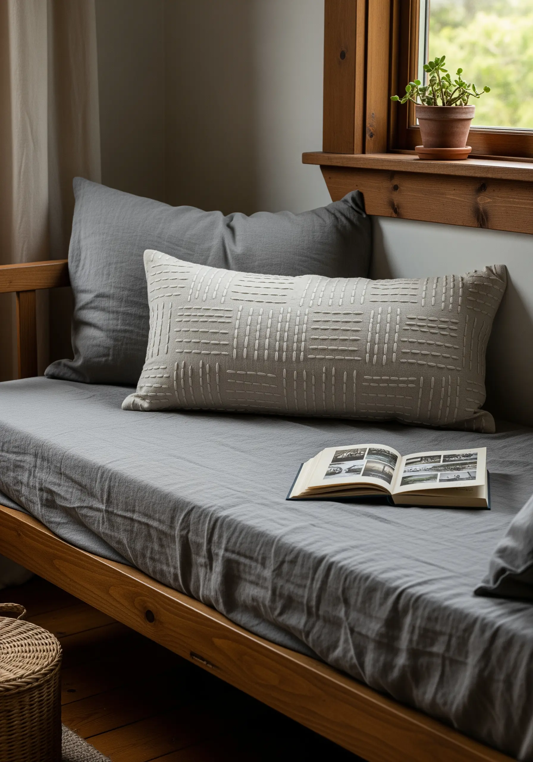 Monochromatic grid pattern made of varied running stitches on a lumbar pillow.