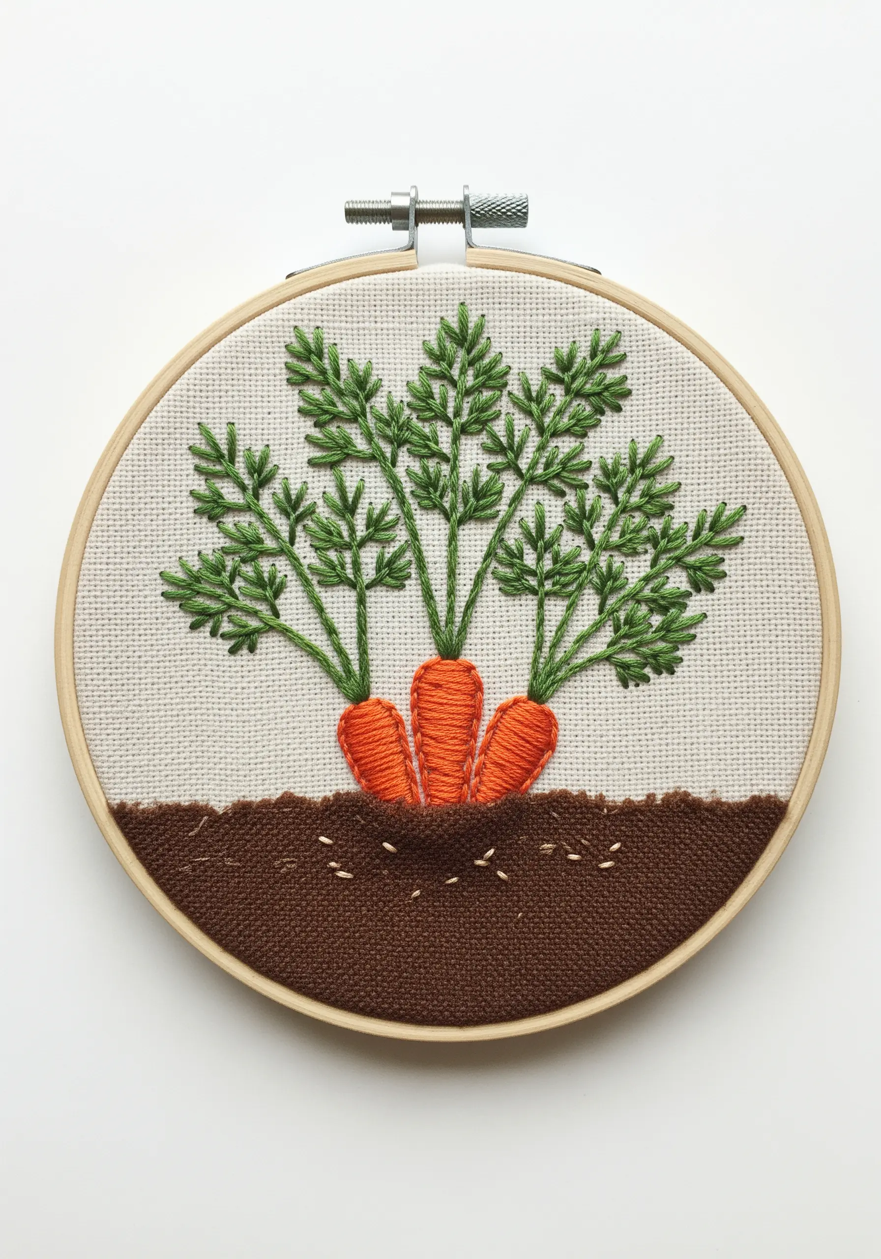 Three carrots growing in the soil, with their leafy green tops visible above ground