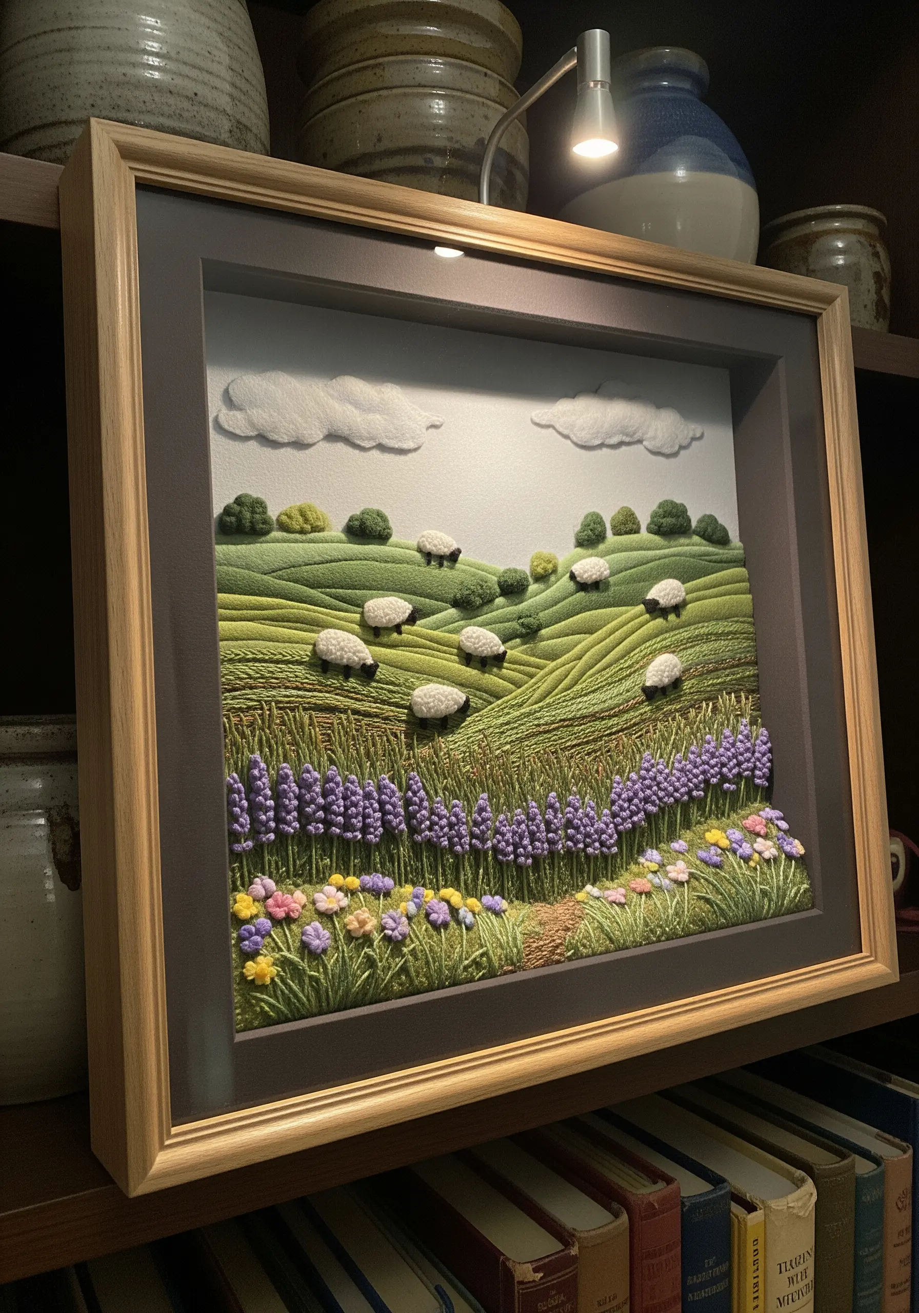 Framed 3D embroidery of a pastoral scene with sheep on rolling green hills