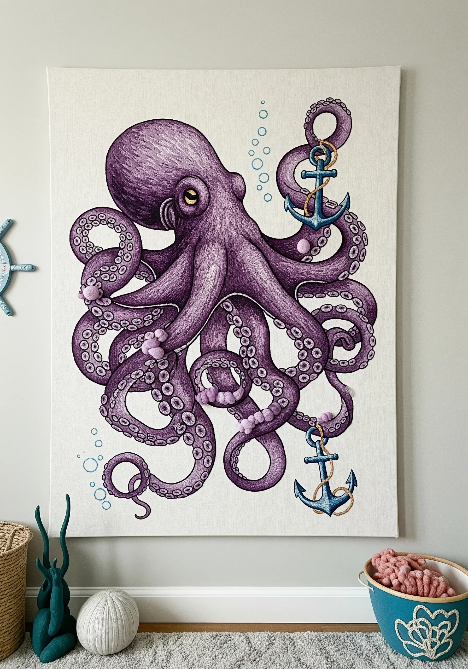 A large canvas painting of a detailed purple octopus holding onto two small anchors.