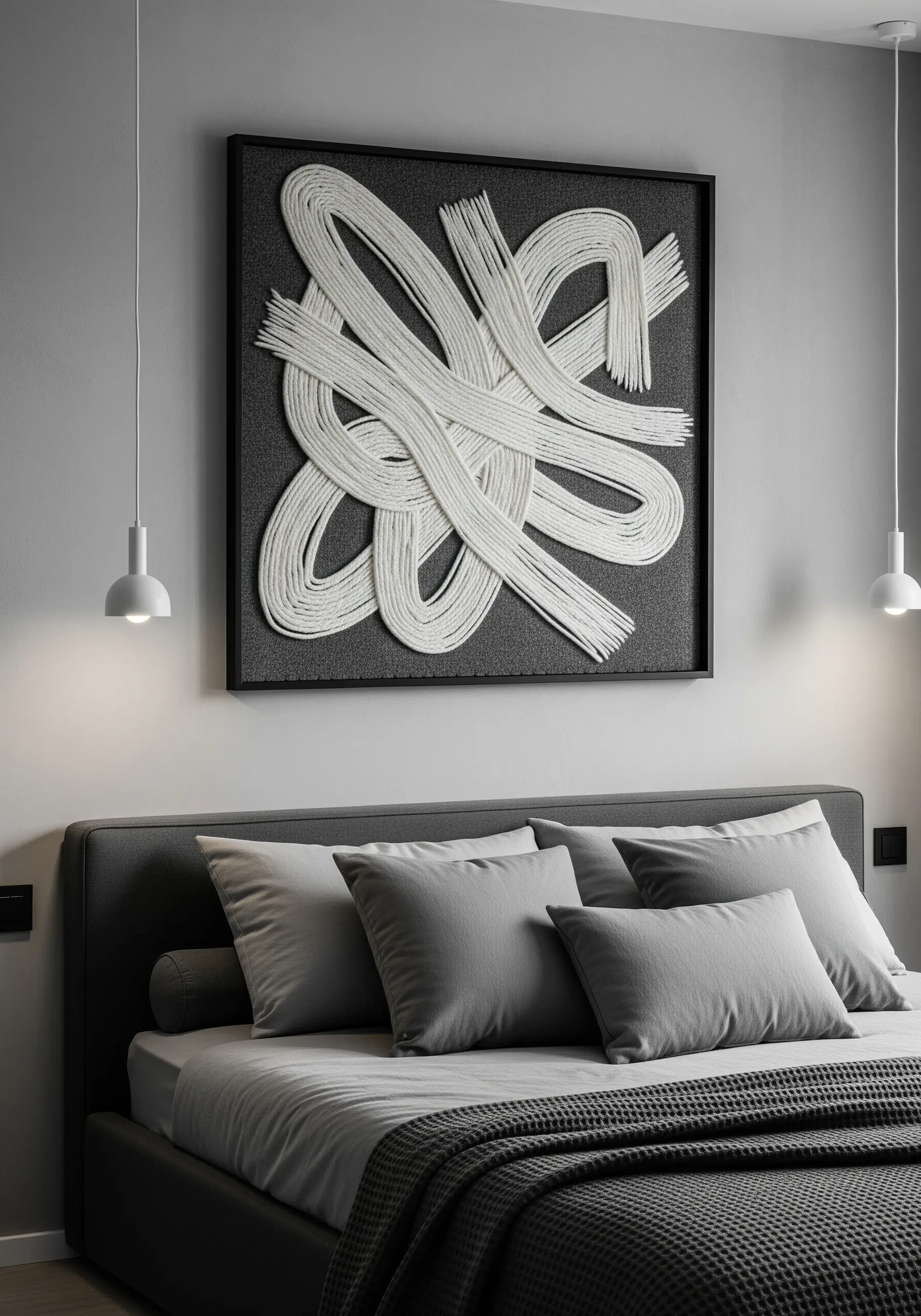 A large, abstract black-framed artwork with thick white yarn couched onto dark fabric.