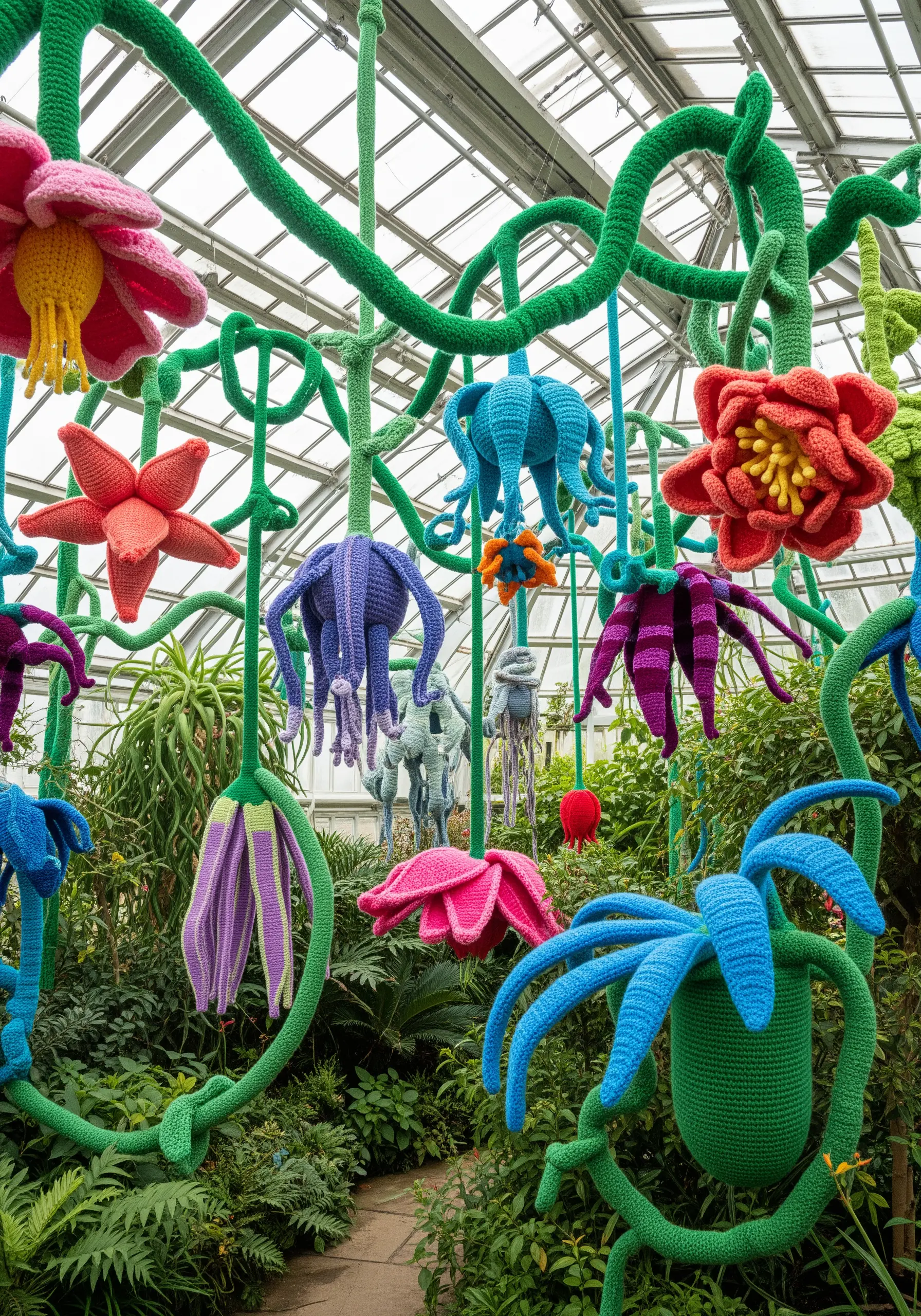 A whimsical greenhouse filled with large, colorful, crocheted fantasy flowers and vines.