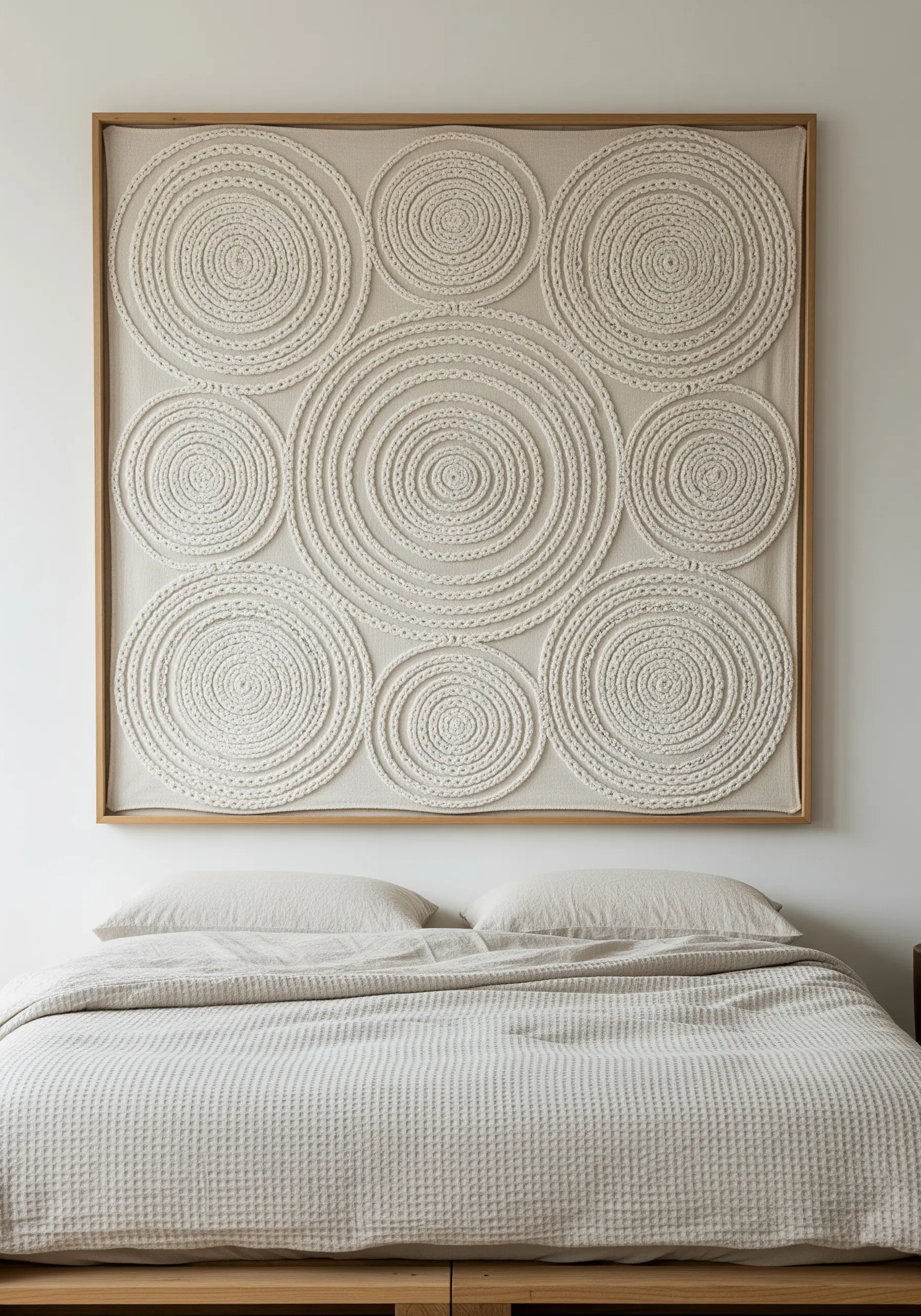 Framed wall art with concentric circles made from thick, couched cream-colored cord.
