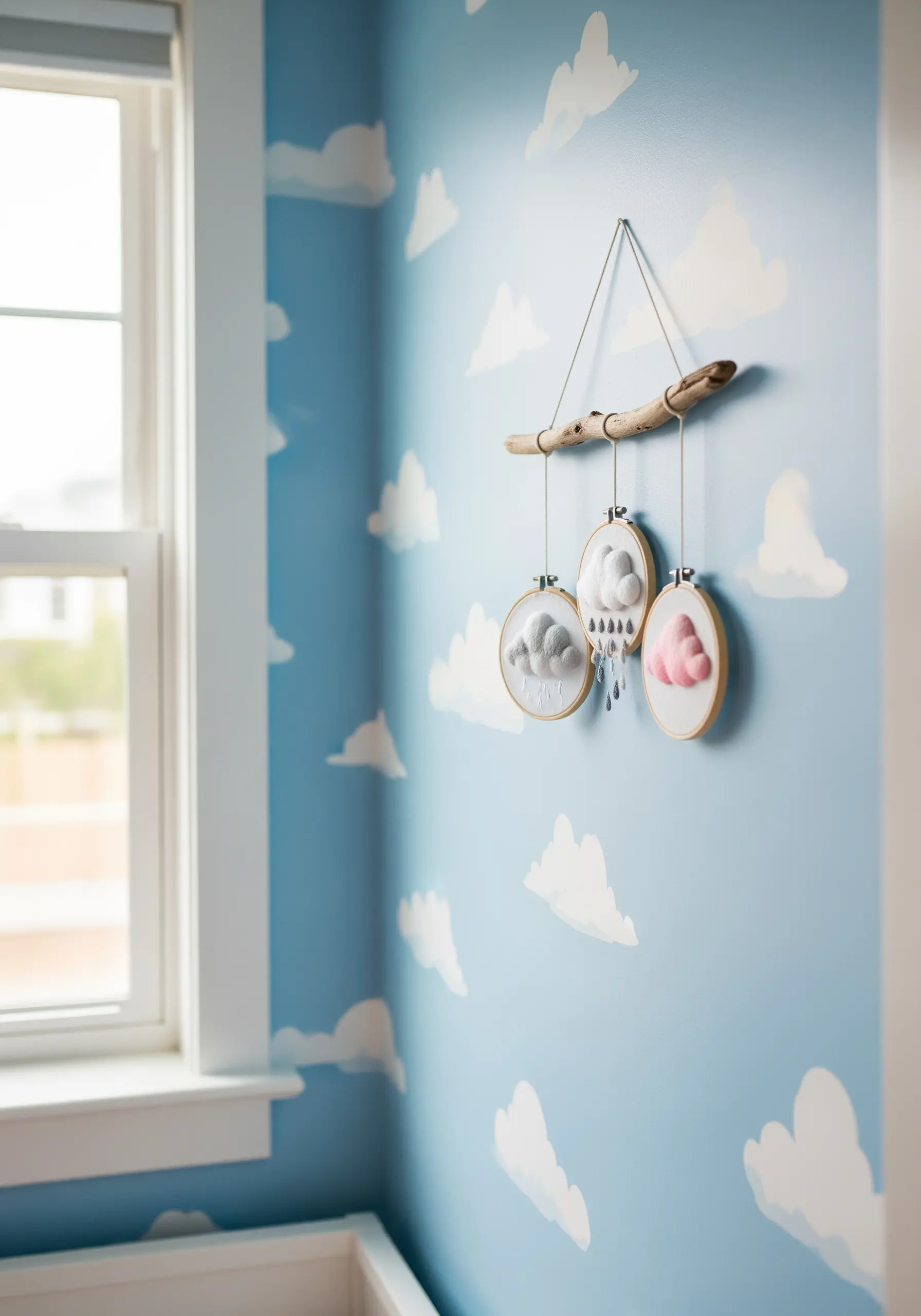 A nursery mobile made of three embroidered hoops with 3D clouds hanging from a piece of driftwood.