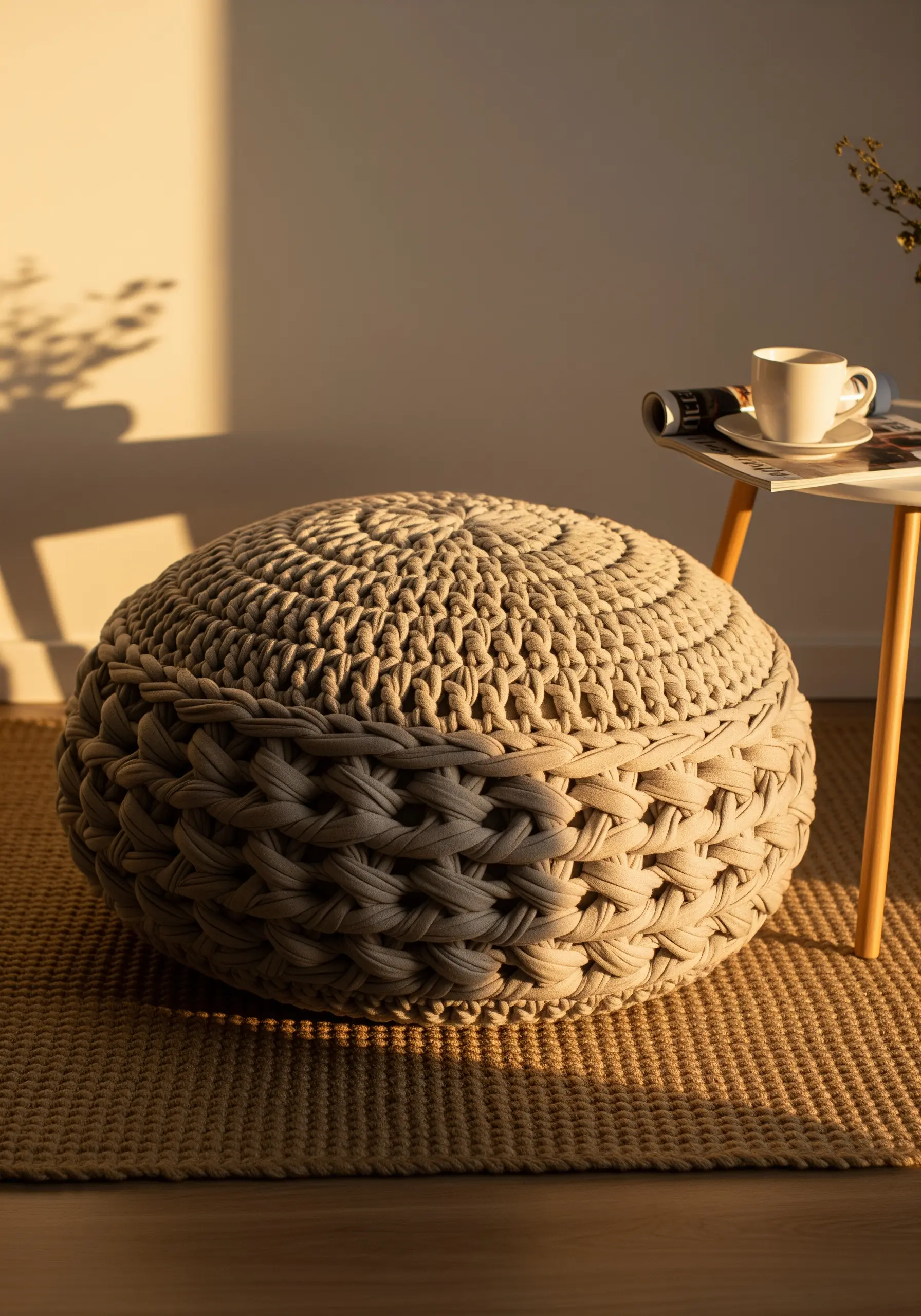 A large, round, hand-crocheted floor pouf in a neutral color, lit by warm sunlight.
