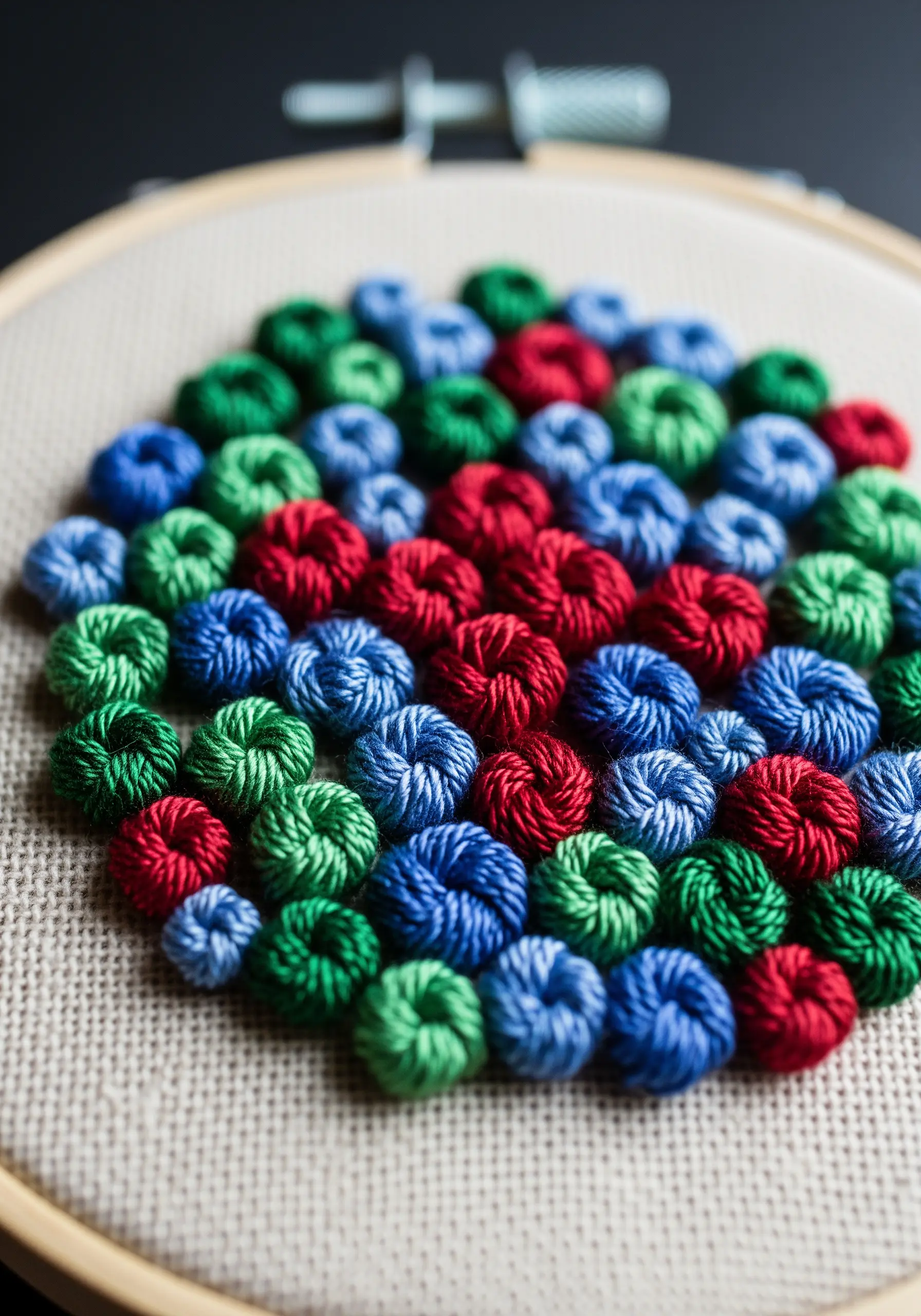 A close-up of a dense cluster of colorful woven wheel stitches.