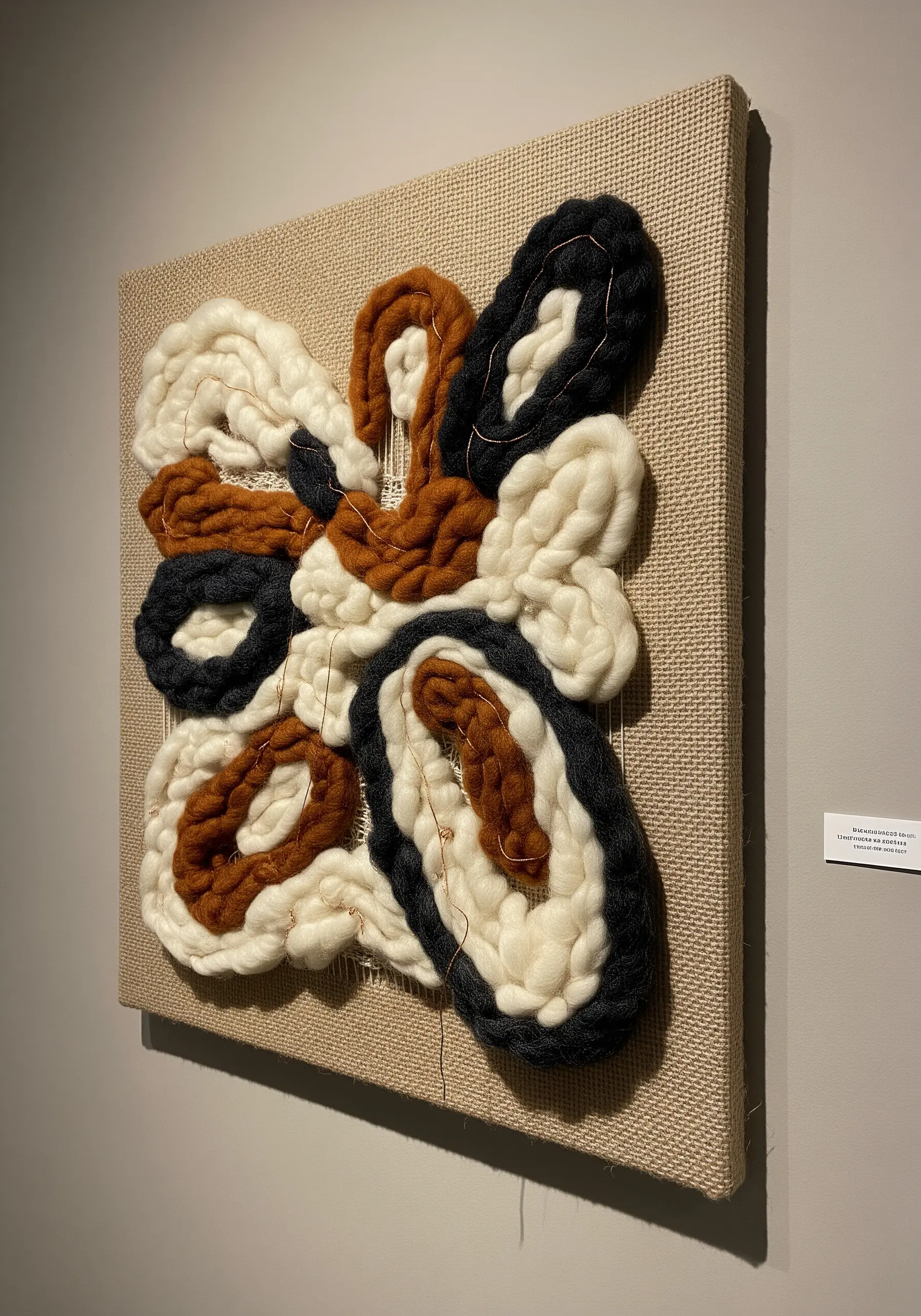 A 3D fiber art piece on canvas with thick wool roving in abstract, organic shapes.