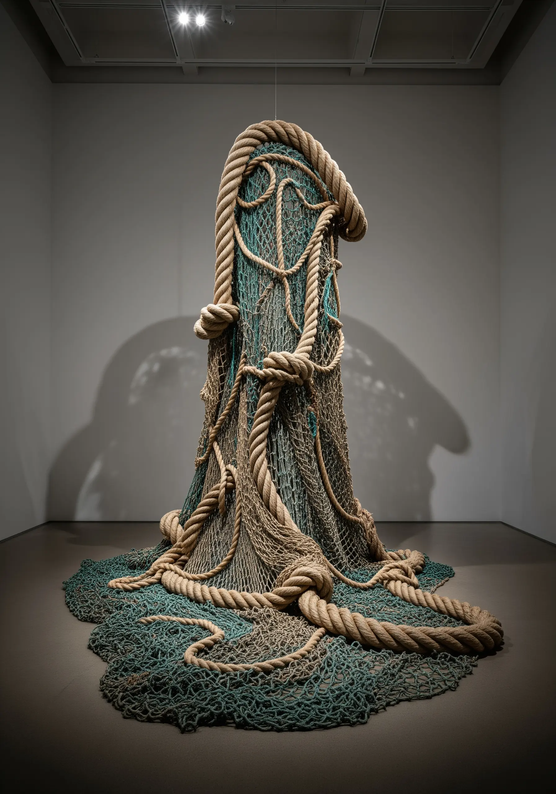 A large, freestanding sculpture made from thick, coiled nautical rope and draped fishing nets.