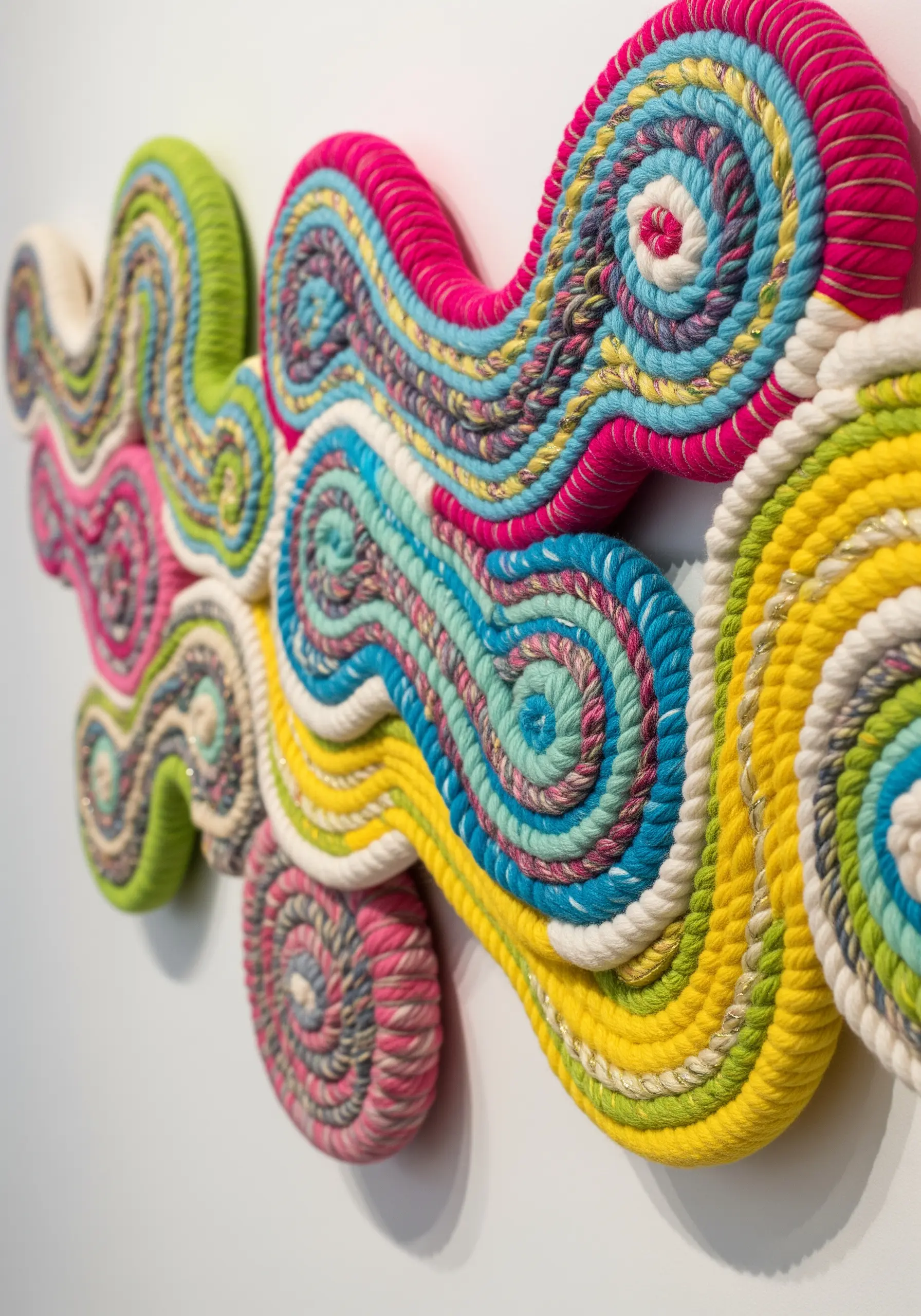 Colorful 3D wall sculpture made from yarn-wrapped rope in bright, organic swirls.
