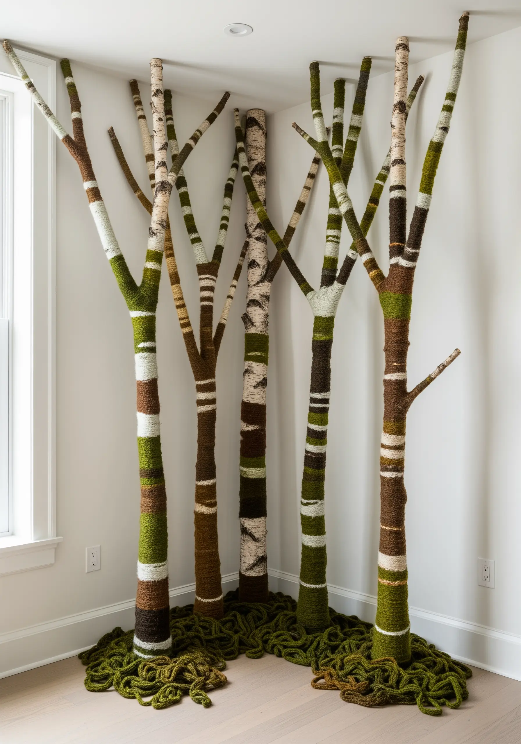 Several large branches standing in a corner, wrapped in green, brown, and white yarn.