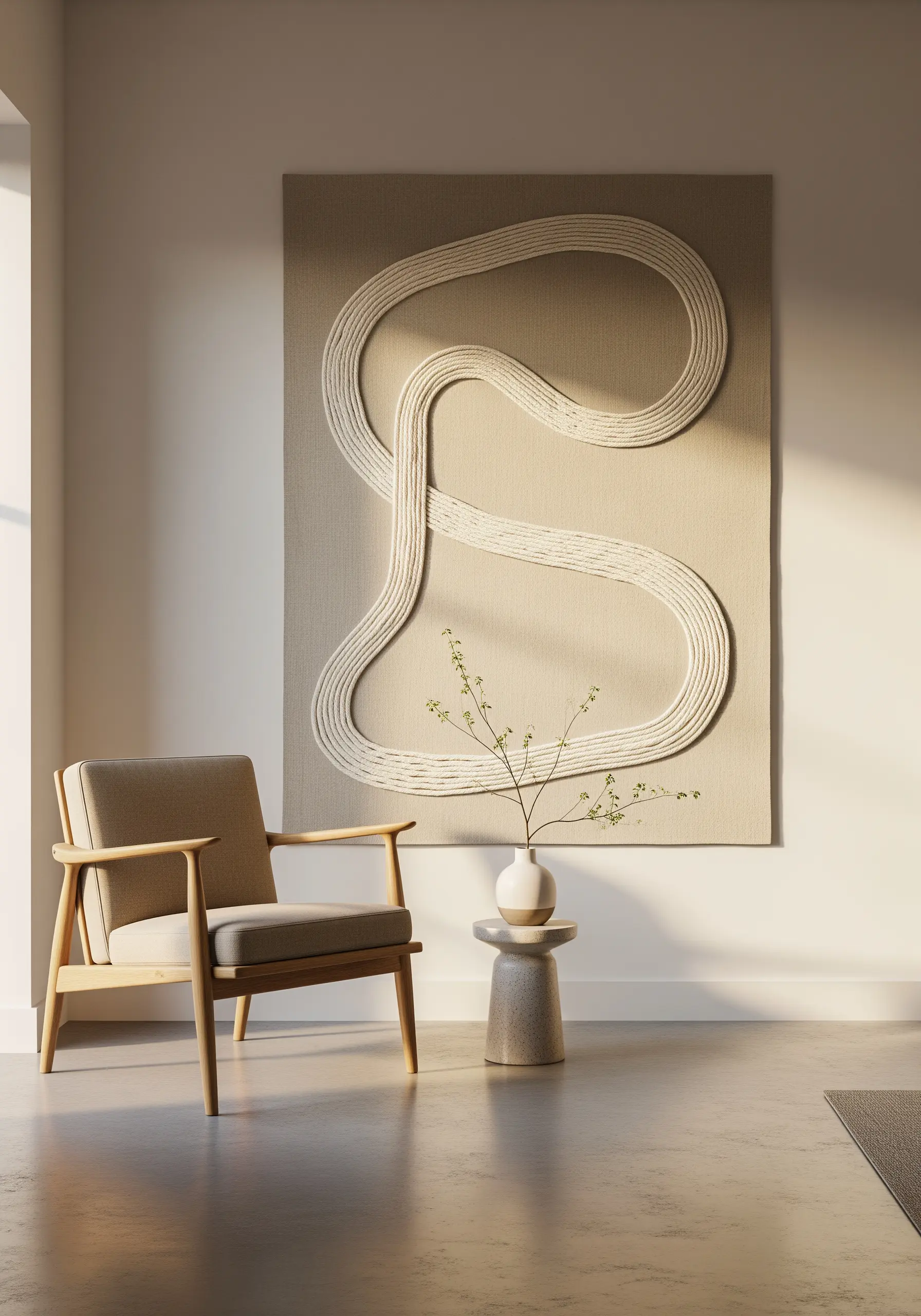 Large-scale wall art with a single, thick, couched cotton rope in a flowing abstract shape.